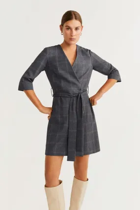 12969 Grey Check Wrap Dress