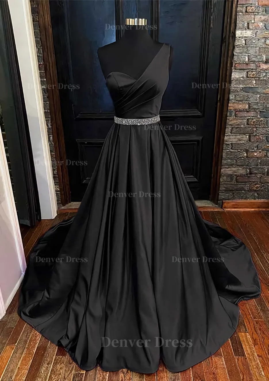 A-line One-Shoulder Sleeveless Satin Long/Floor-Length Prom Dress With Beading Pleated