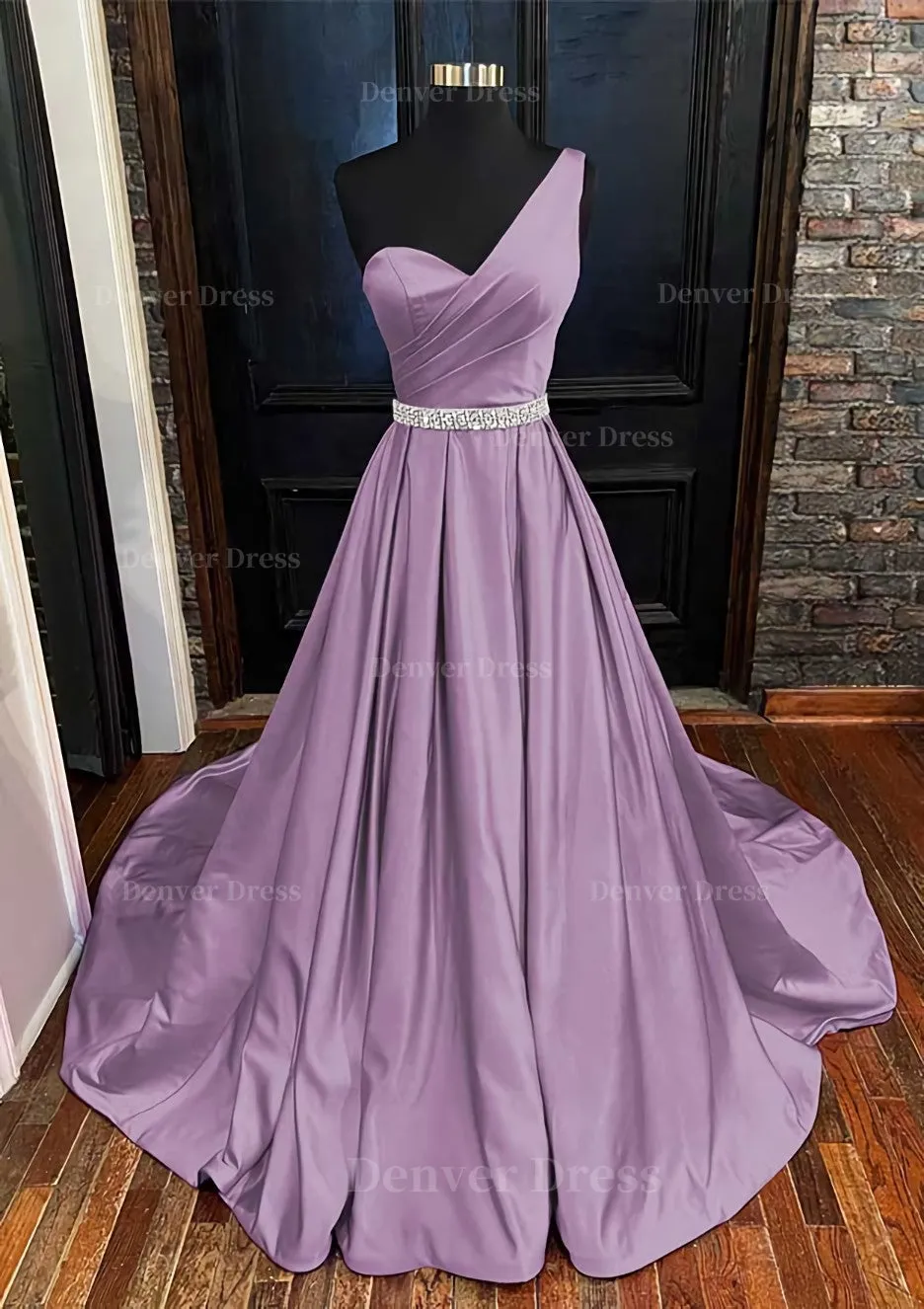 A-line One-Shoulder Sleeveless Satin Long/Floor-Length Prom Dress With Beading Pleated