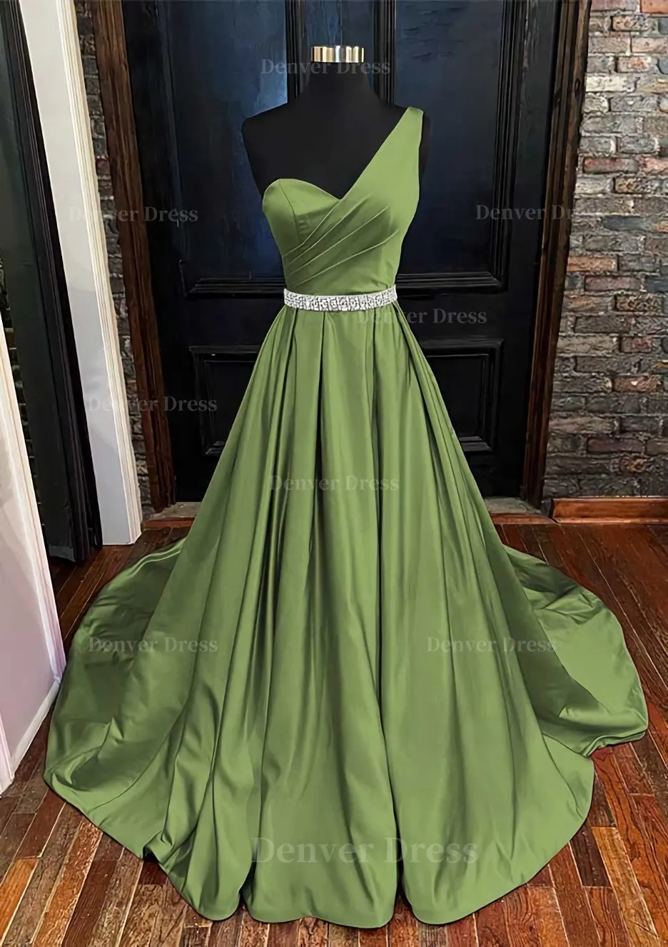 A-line One-Shoulder Sleeveless Satin Long/Floor-Length Prom Dress With Beading Pleated