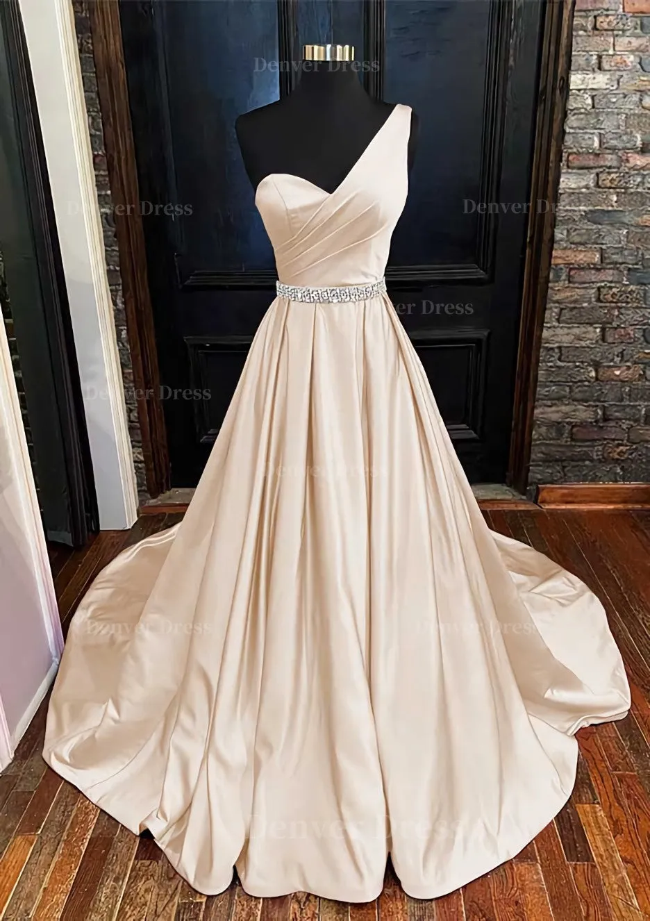 A-line One-Shoulder Sleeveless Satin Long/Floor-Length Prom Dress With Beading Pleated