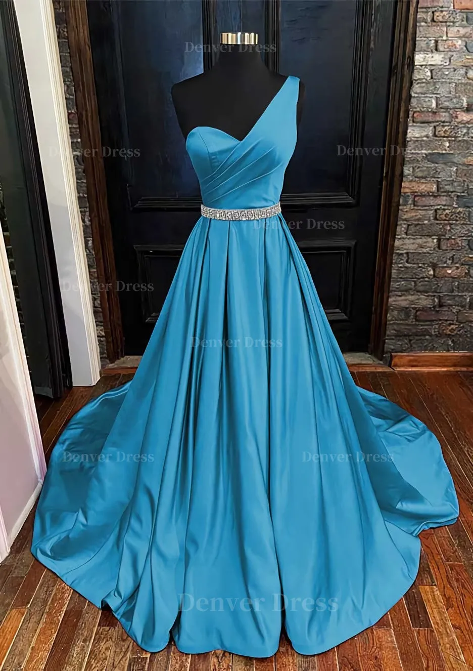 A-line One-Shoulder Sleeveless Satin Long/Floor-Length Prom Dress With Beading Pleated