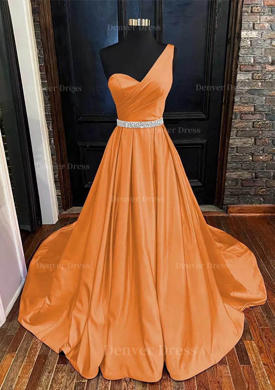 A-line One-Shoulder Sleeveless Satin Long/Floor-Length Prom Dress With Beading Pleated