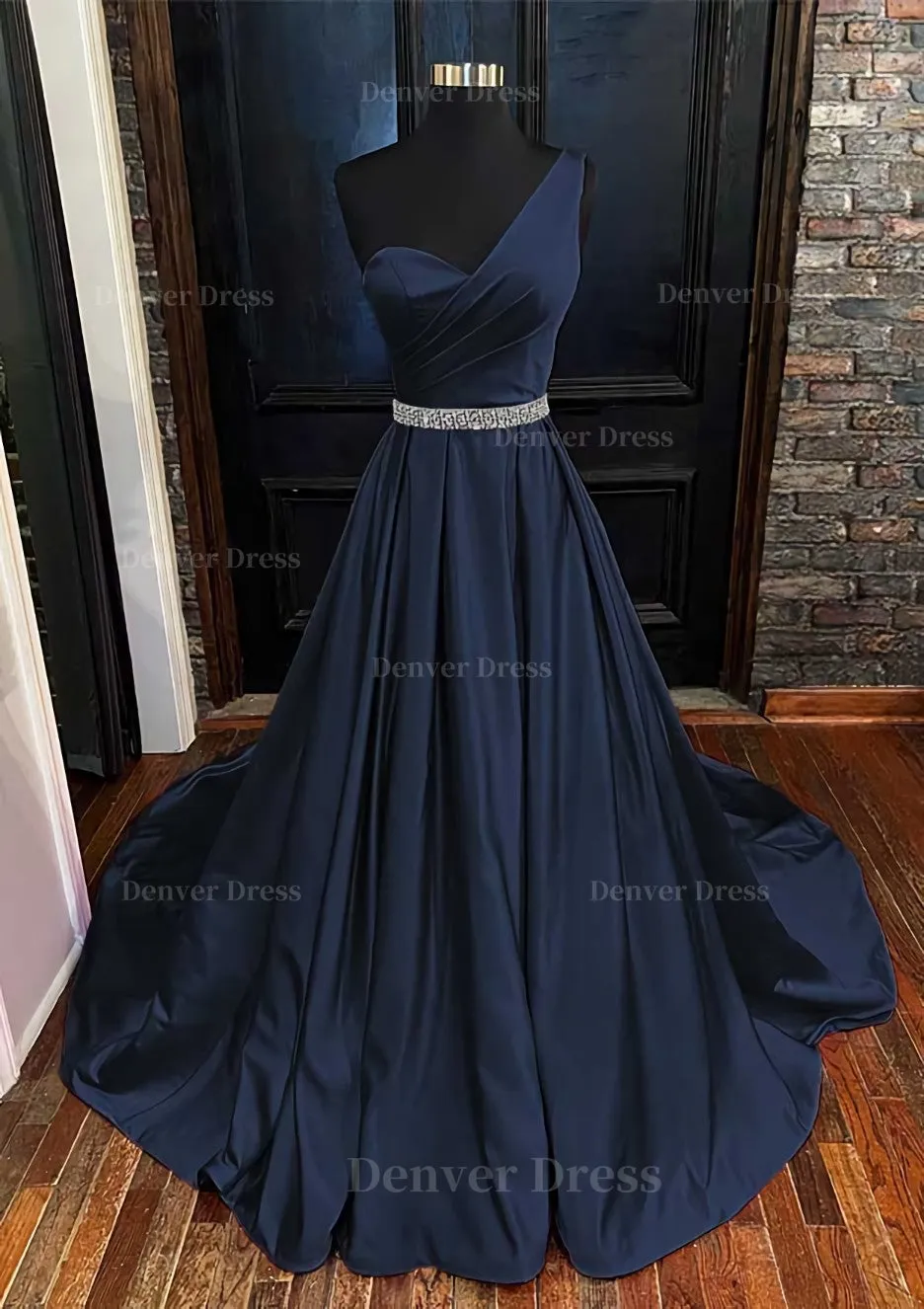 A-line One-Shoulder Sleeveless Satin Long/Floor-Length Prom Dress With Beading Pleated