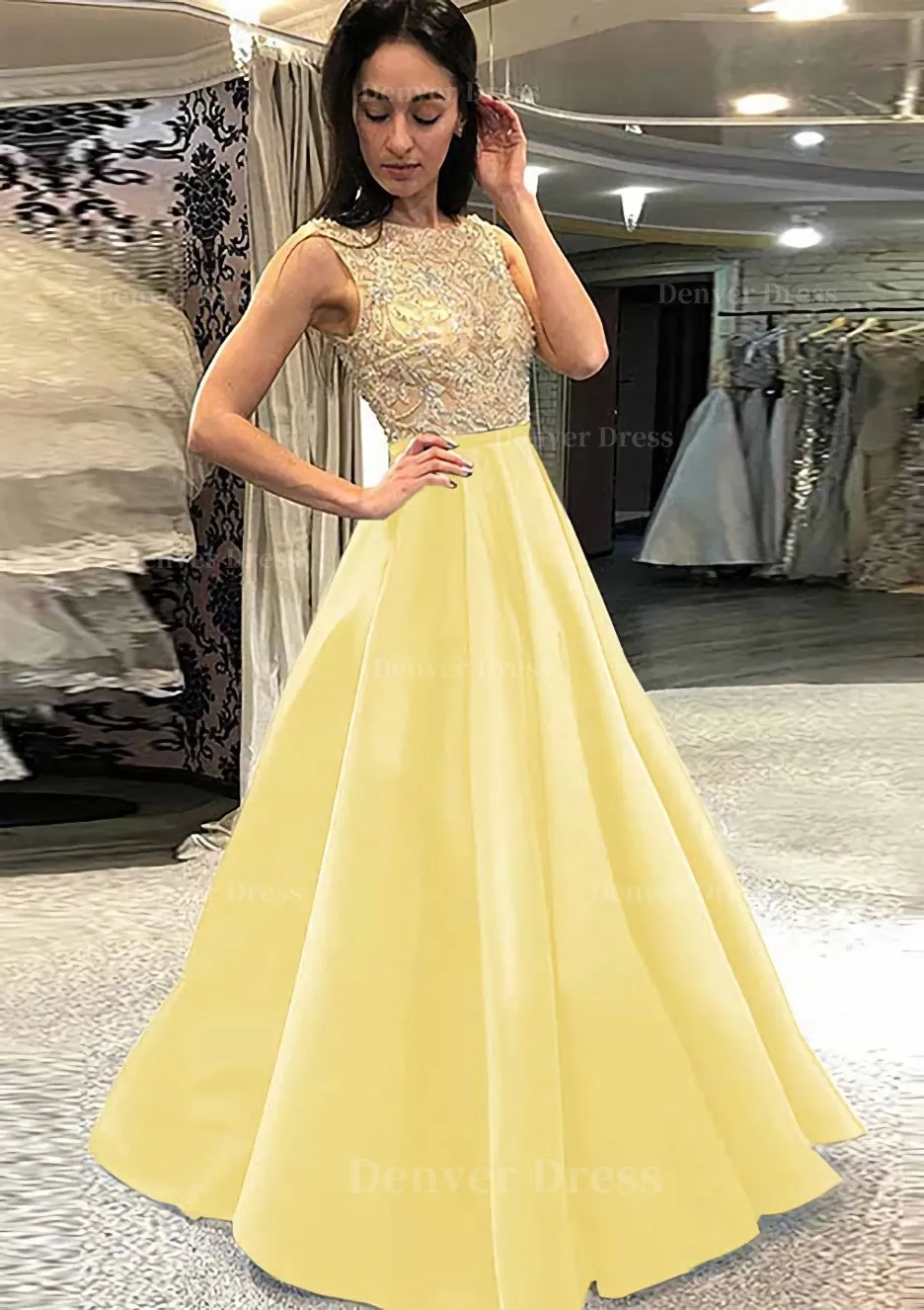 A-line/Princess Scoop Neck Sleeveless Long/Floor-Length Satin Prom Dress With Beading