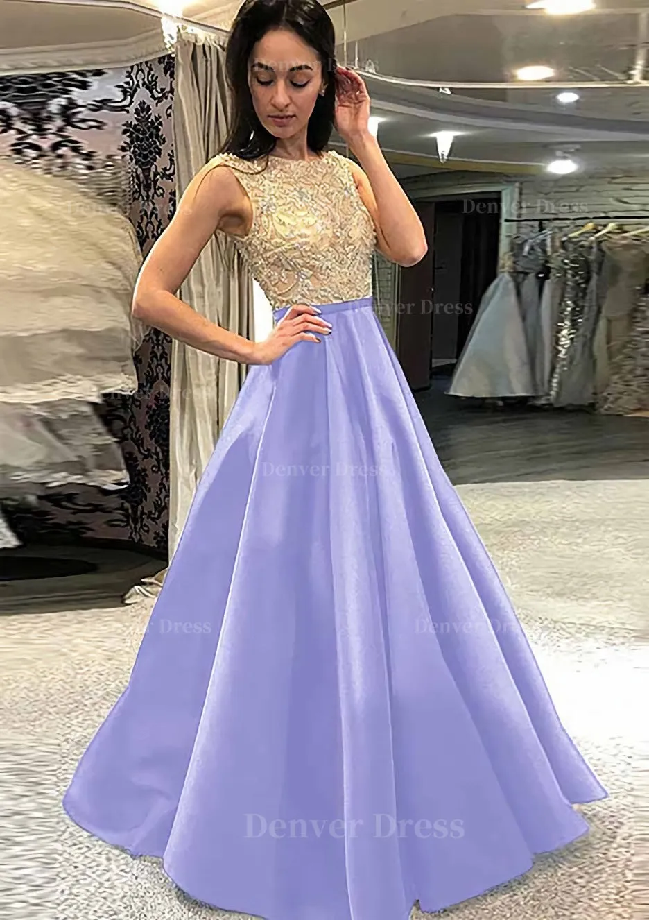 A-line/Princess Scoop Neck Sleeveless Long/Floor-Length Satin Prom Dress With Beading