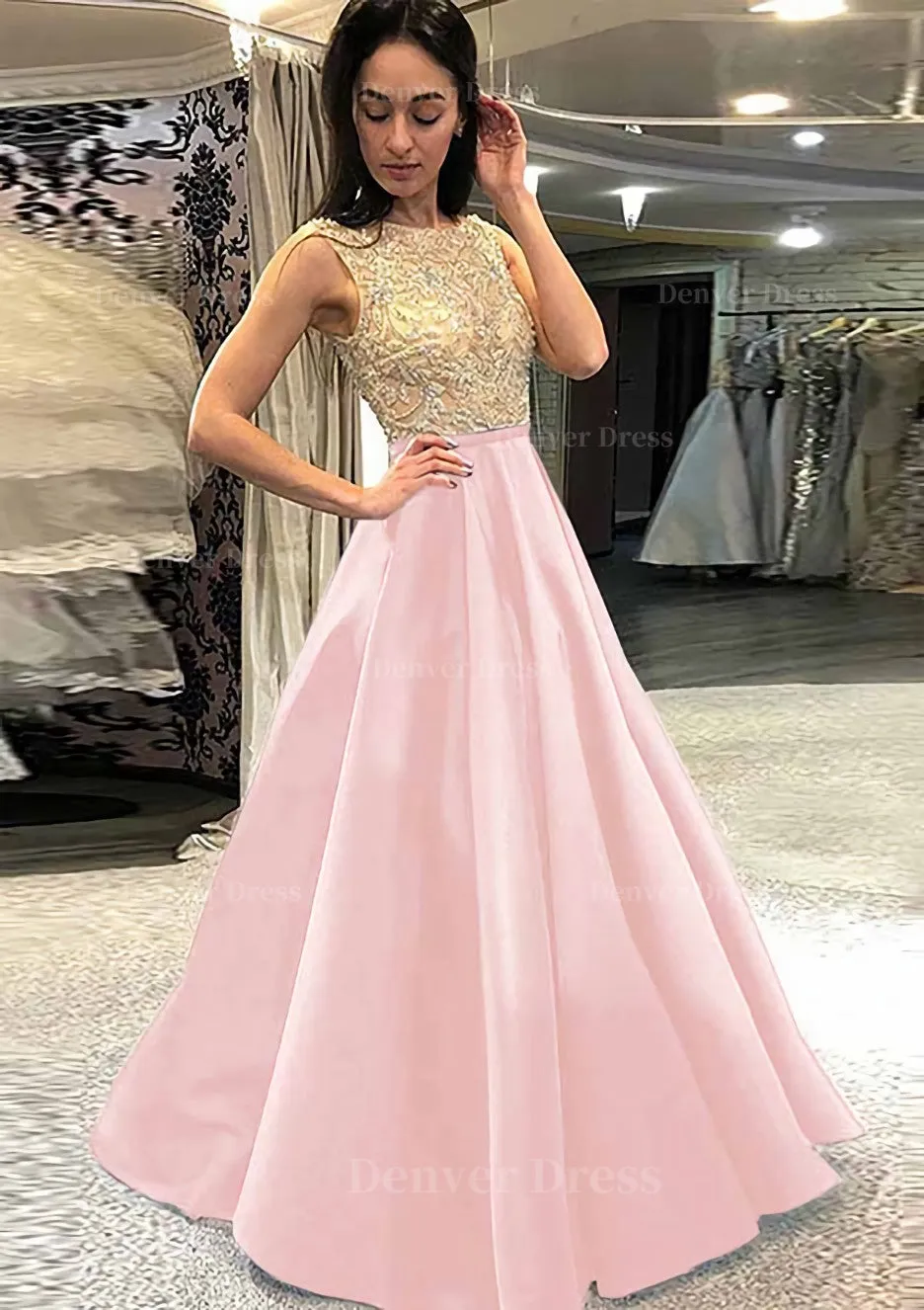 A-line/Princess Scoop Neck Sleeveless Long/Floor-Length Satin Prom Dress With Beading