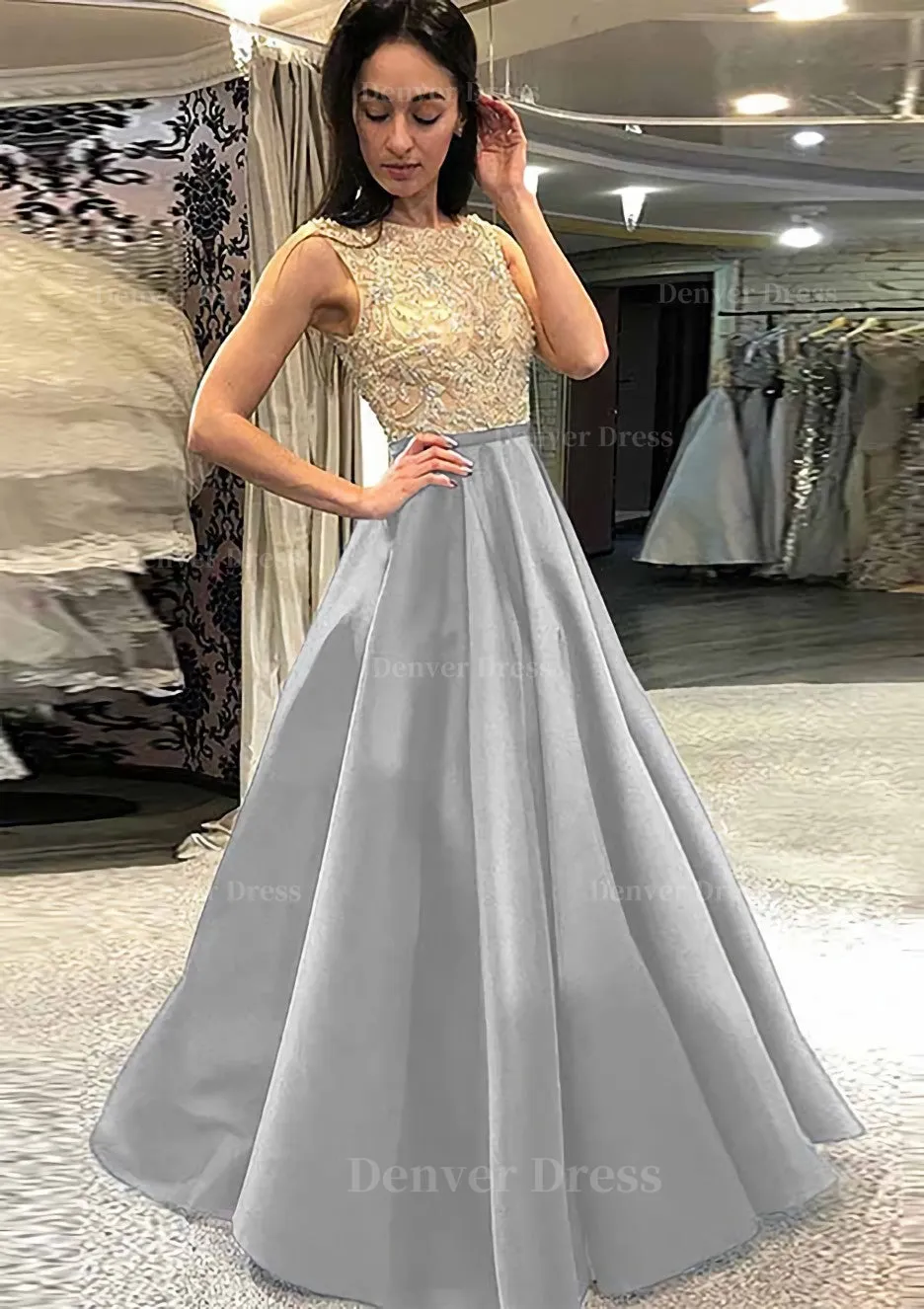 A-line/Princess Scoop Neck Sleeveless Long/Floor-Length Satin Prom Dress With Beading