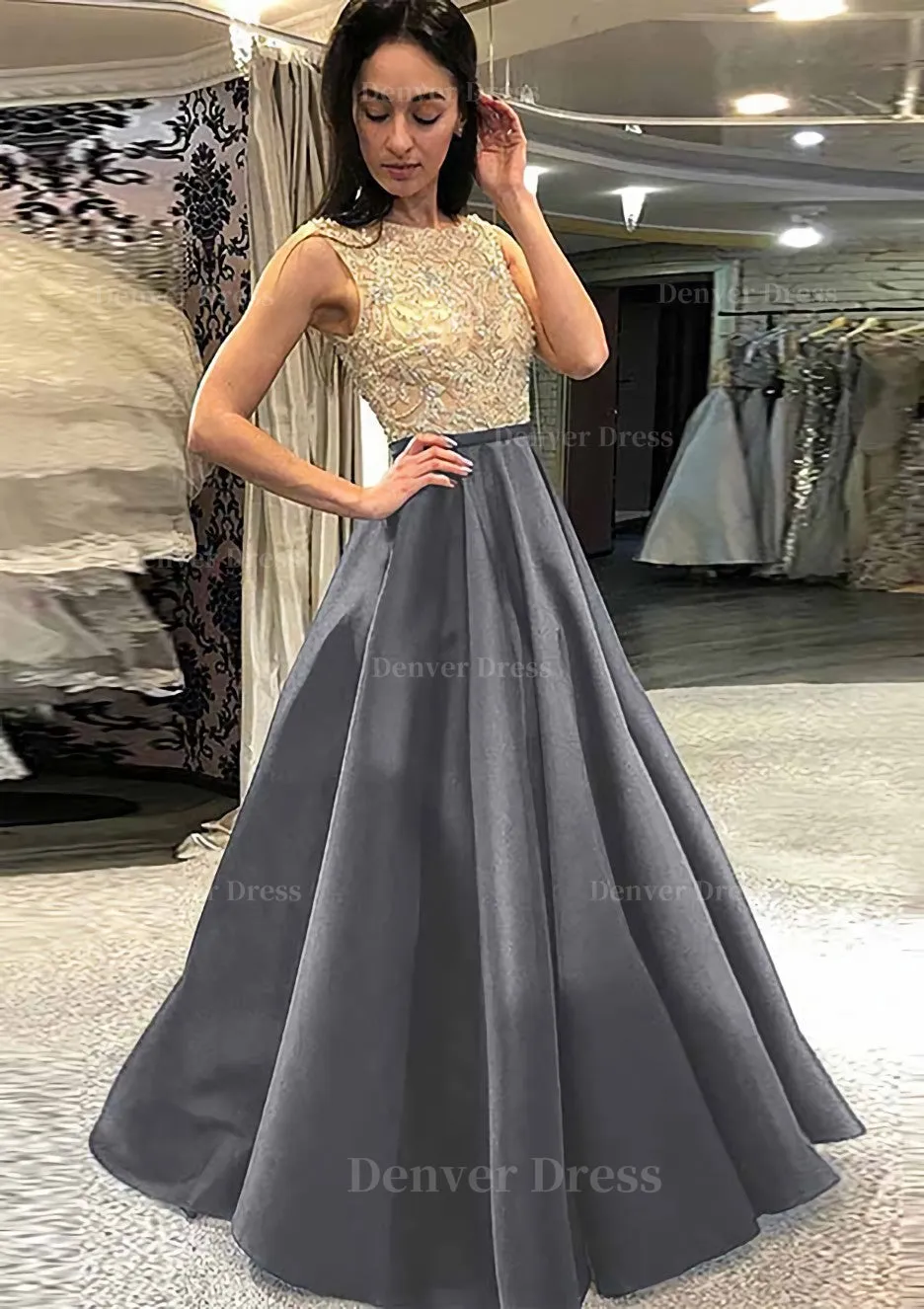 A-line/Princess Scoop Neck Sleeveless Long/Floor-Length Satin Prom Dress With Beading