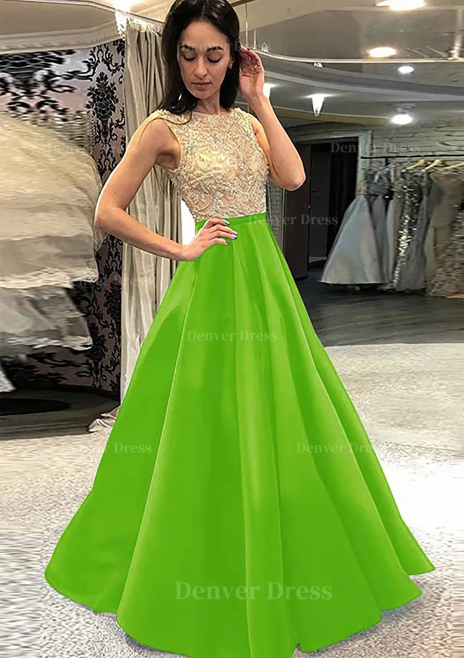 A-line/Princess Scoop Neck Sleeveless Long/Floor-Length Satin Prom Dress With Beading