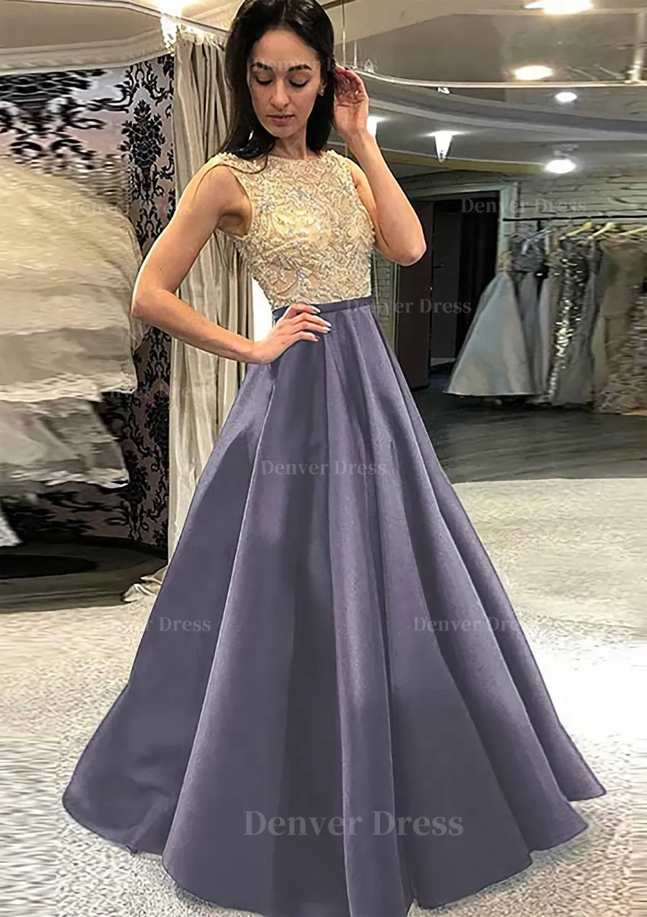 A-line/Princess Scoop Neck Sleeveless Long/Floor-Length Satin Prom Dress With Beading