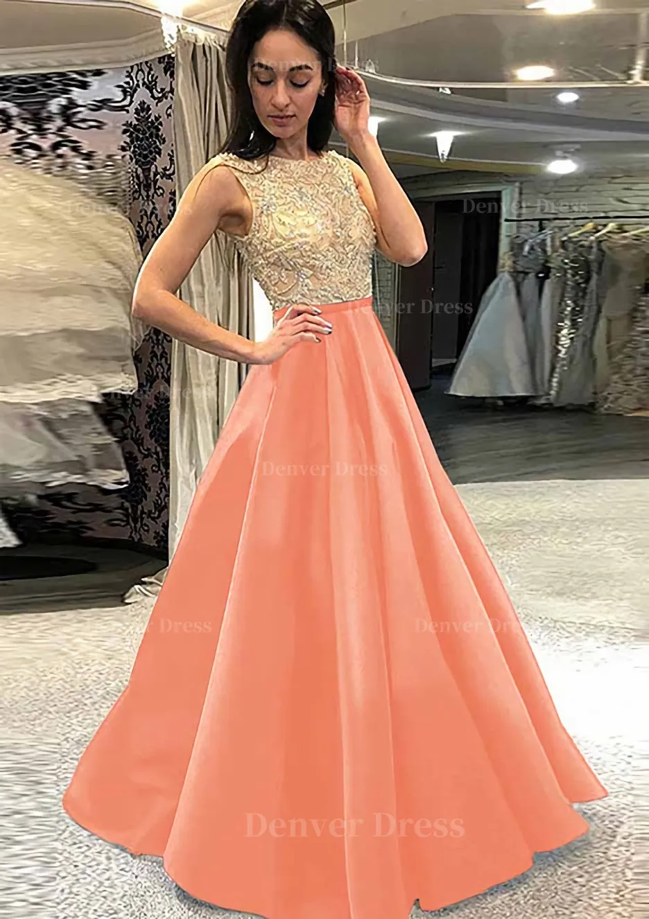 A-line/Princess Scoop Neck Sleeveless Long/Floor-Length Satin Prom Dress With Beading