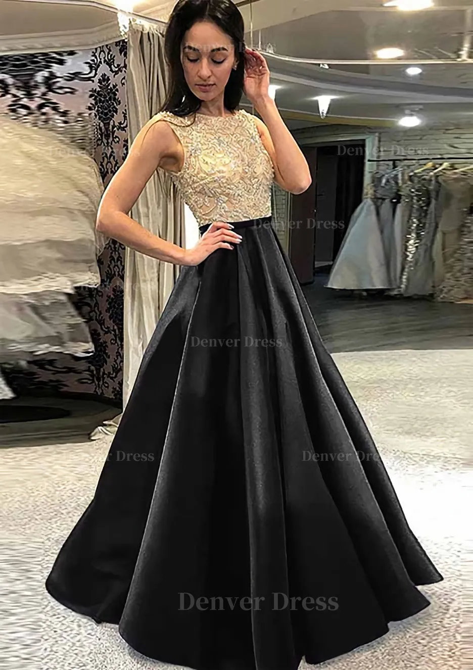 A-line/Princess Scoop Neck Sleeveless Long/Floor-Length Satin Prom Dress With Beading