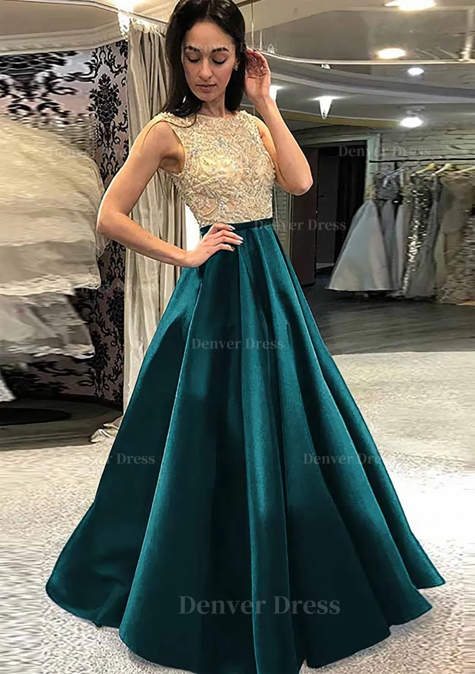 A-line/Princess Scoop Neck Sleeveless Long/Floor-Length Satin Prom Dress With Beading