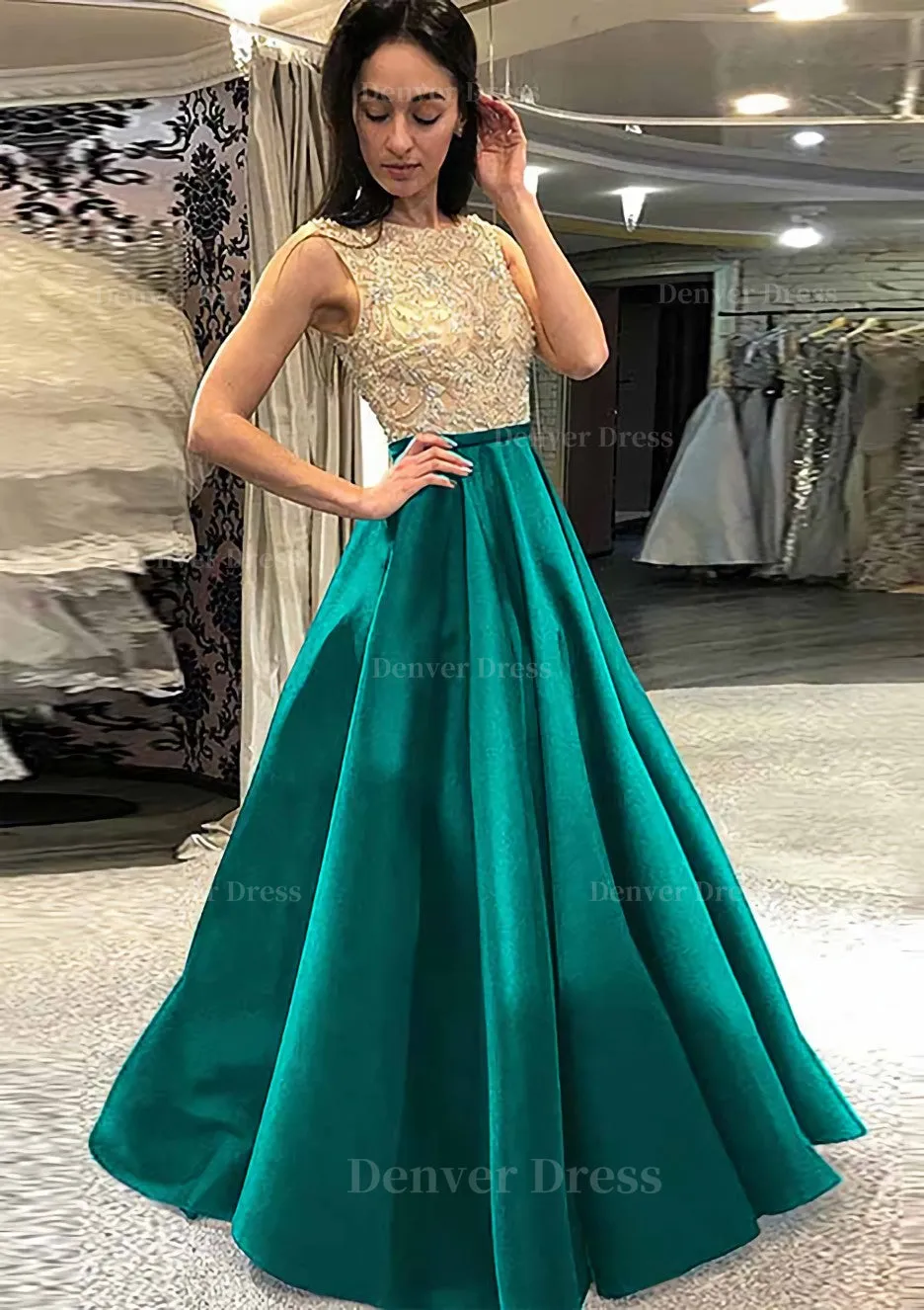 A-line/Princess Scoop Neck Sleeveless Long/Floor-Length Satin Prom Dress With Beading