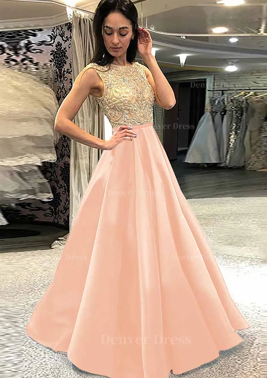 A-line/Princess Scoop Neck Sleeveless Long/Floor-Length Satin Prom Dress With Beading