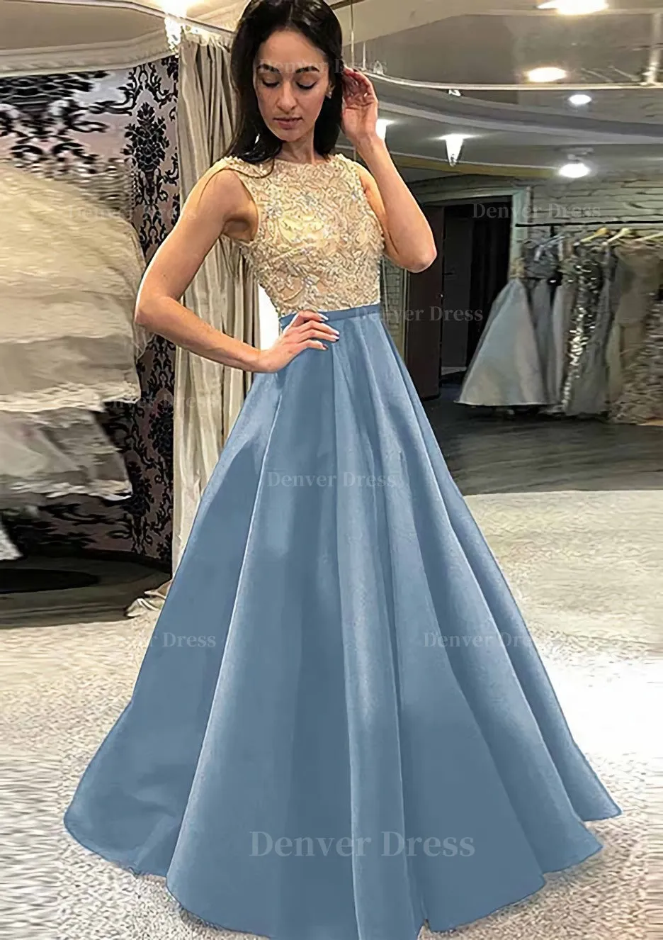 A-line/Princess Scoop Neck Sleeveless Long/Floor-Length Satin Prom Dress With Beading