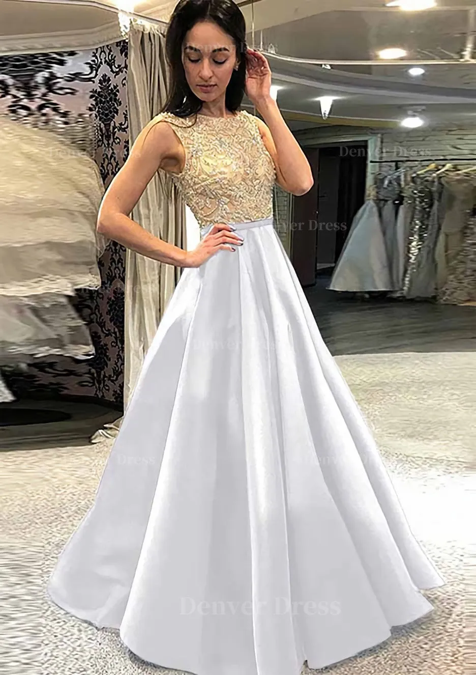 A-line/Princess Scoop Neck Sleeveless Long/Floor-Length Satin Prom Dress With Beading