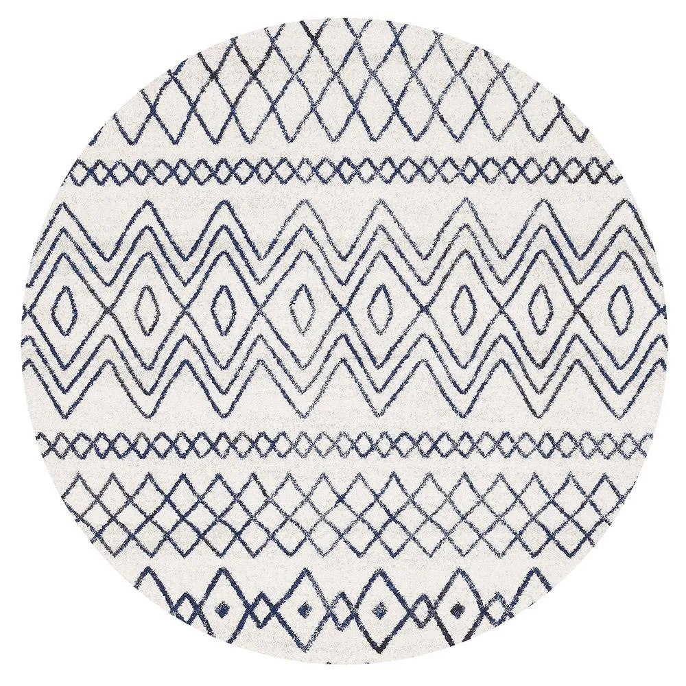 Aladdin Iman White Blue Rustic Tribal Round Rug