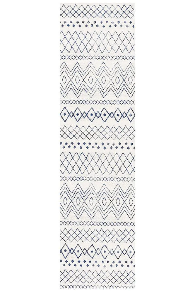 Aladdin Iman White Blue Rustic Tribal Runner Rug