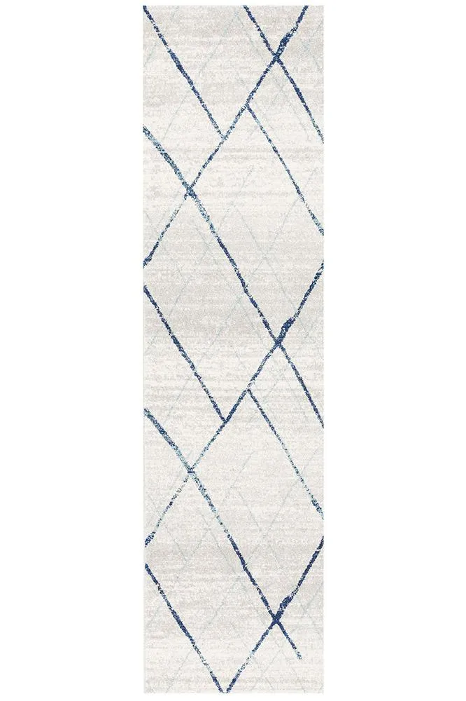 Aladdin Jabir White Blue Contemporary Runner Rug