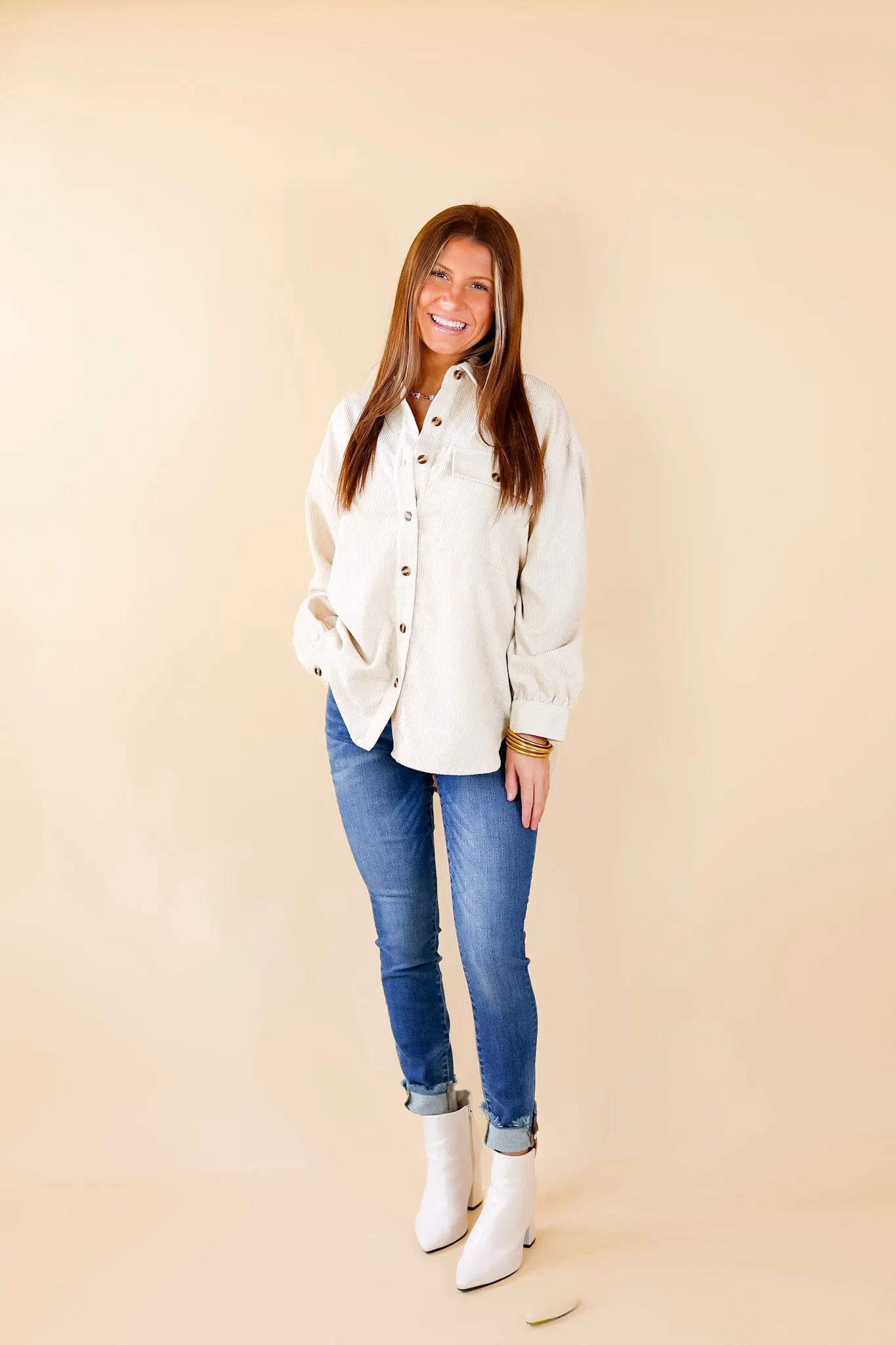 All Dolled Up Button Up Corduroy Shacket in Ivory