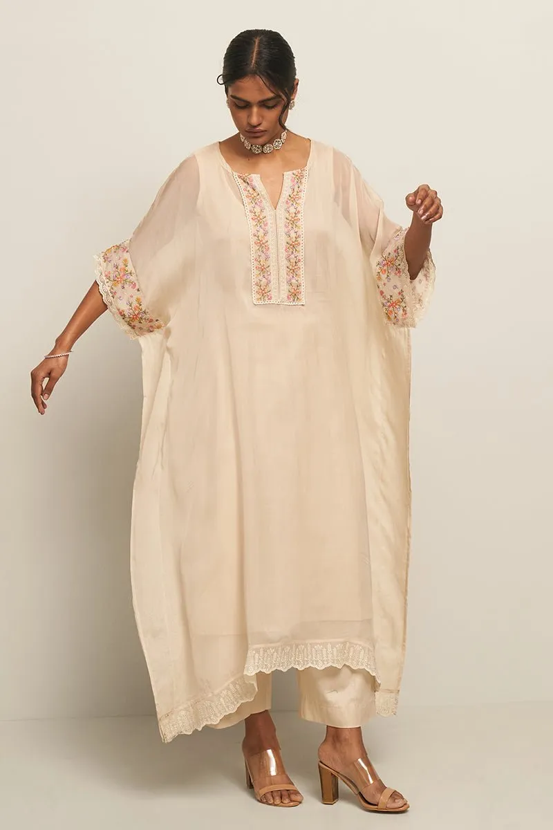 Almond Milk Organza Kaftan With Multi Colour Thread Embroidery With Lace Detailing