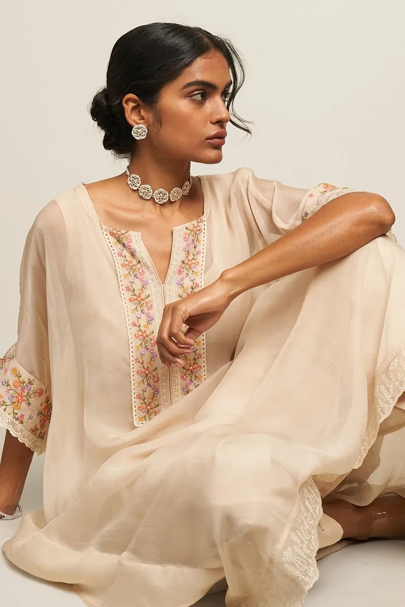 Almond Milk Organza Kaftan With Multi Colour Thread Embroidery With Lace Detailing