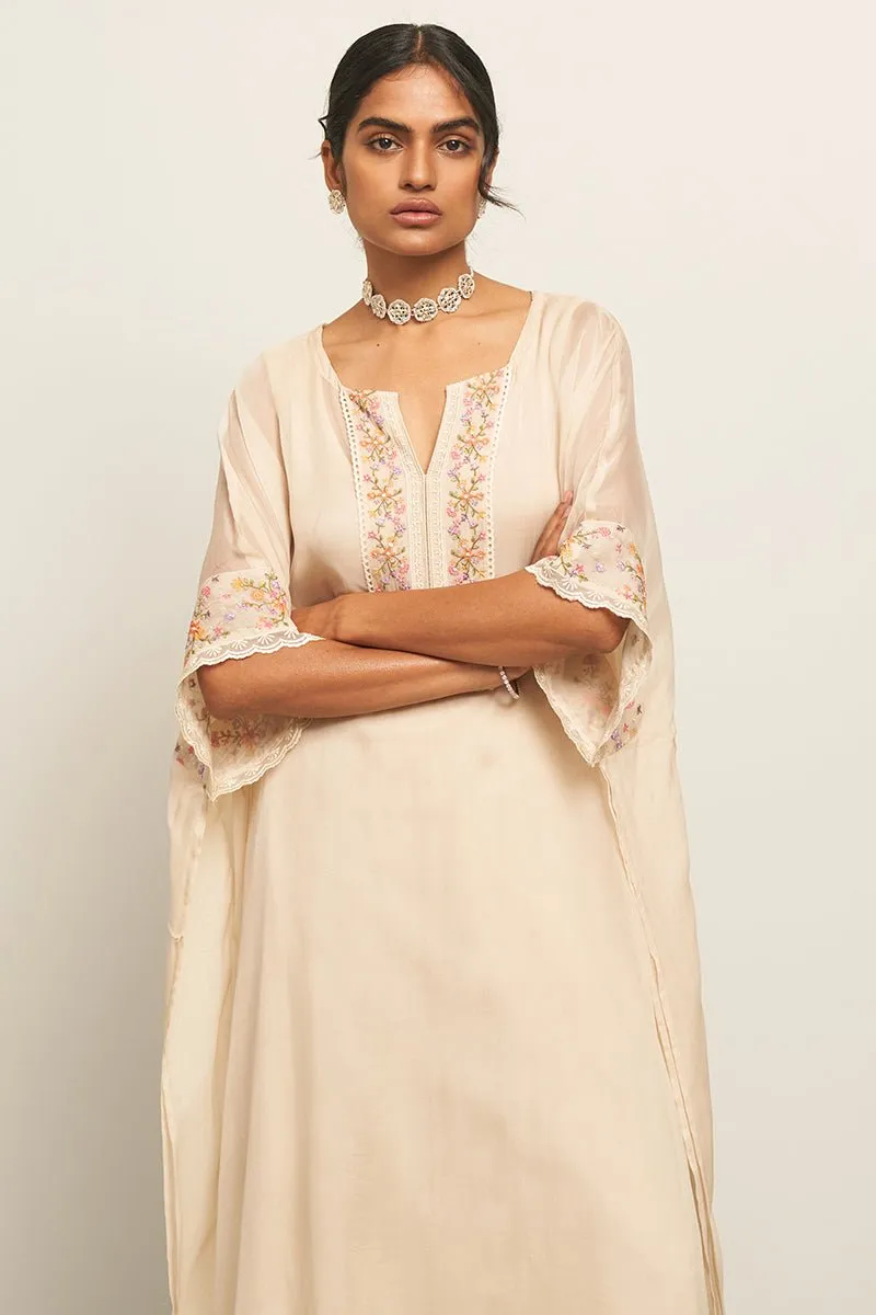 Almond Milk Organza Kaftan With Multi Colour Thread Embroidery With Lace Detailing