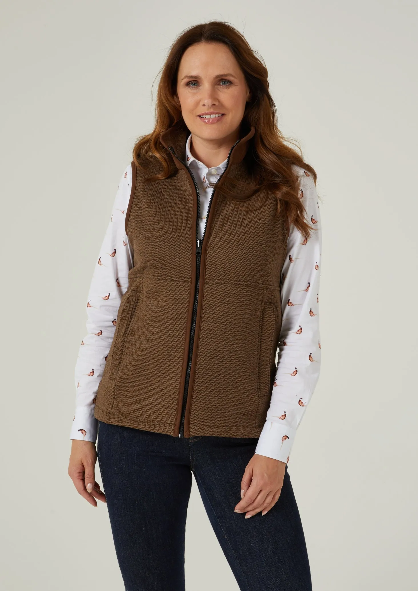 Aylsham Ladies Fleece Gilet In Brown Herringbone - Regular Fit