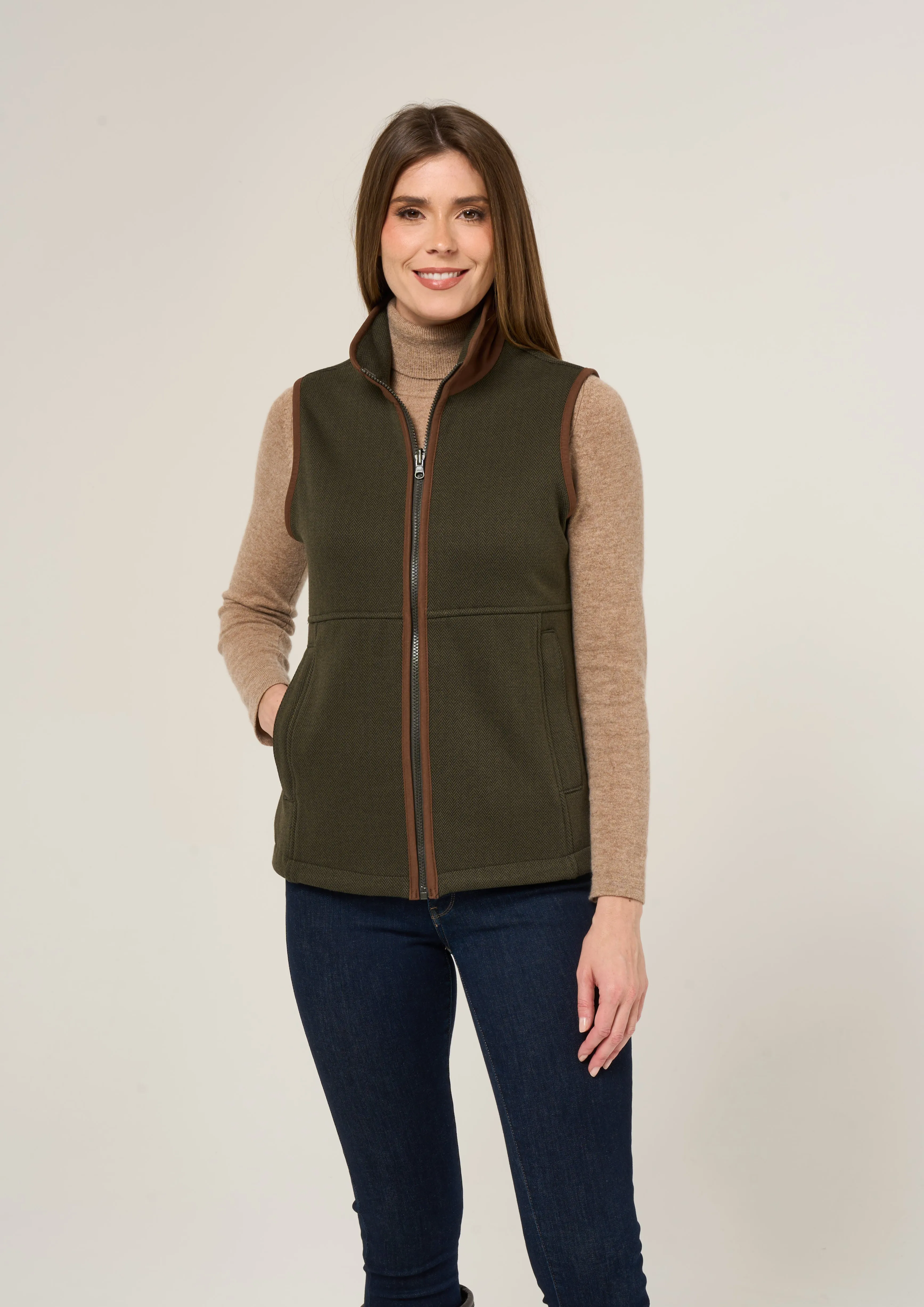 Aylsham Ladies Fleece Gilet In Green Herringbone - Regular Fit