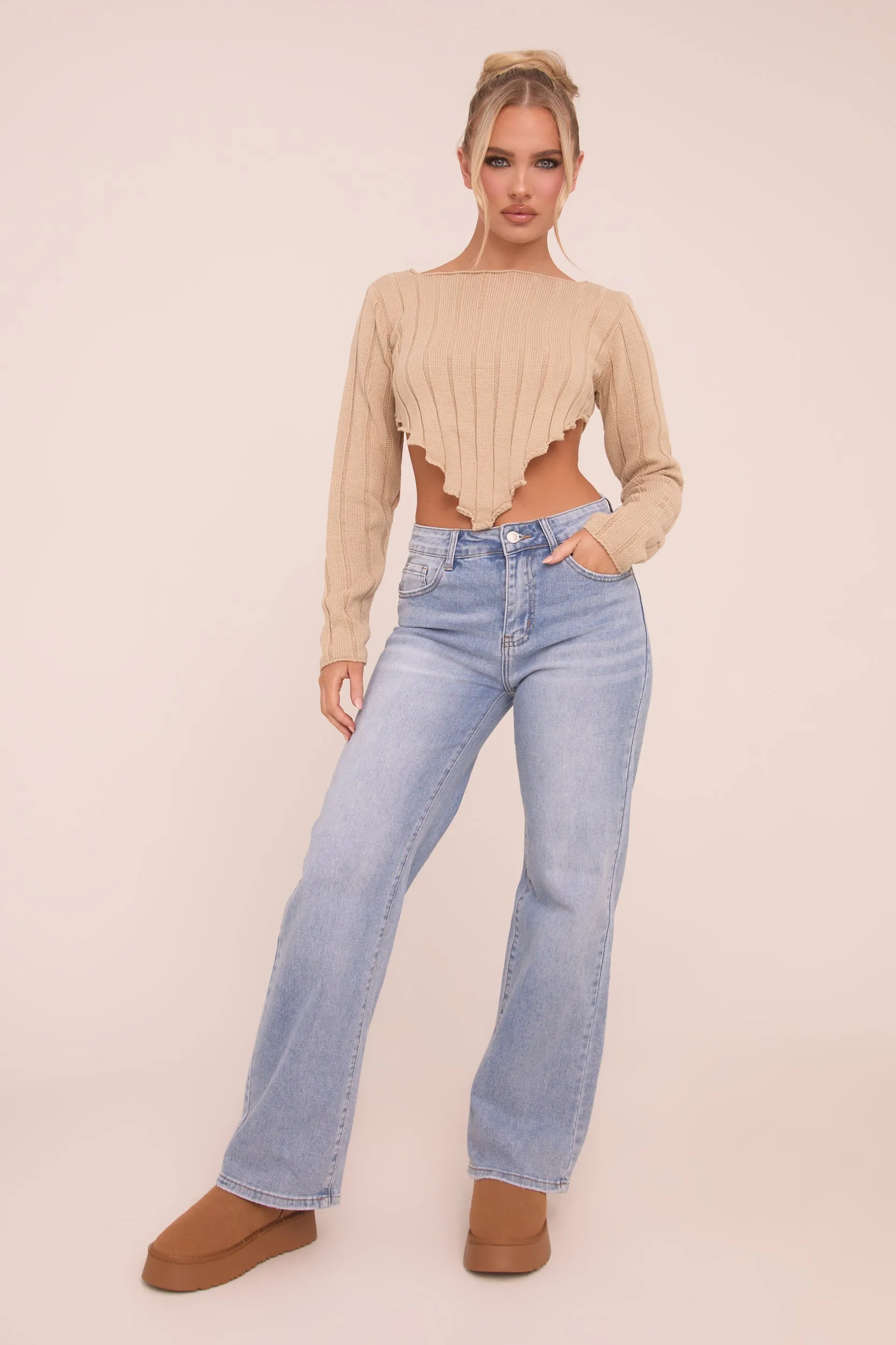 Beige Knit Asymmetric Hem Cropped Jumper - Prima