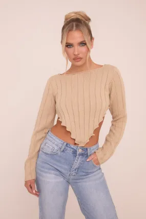 Beige Knit Asymmetric Hem Cropped Jumper - Prima