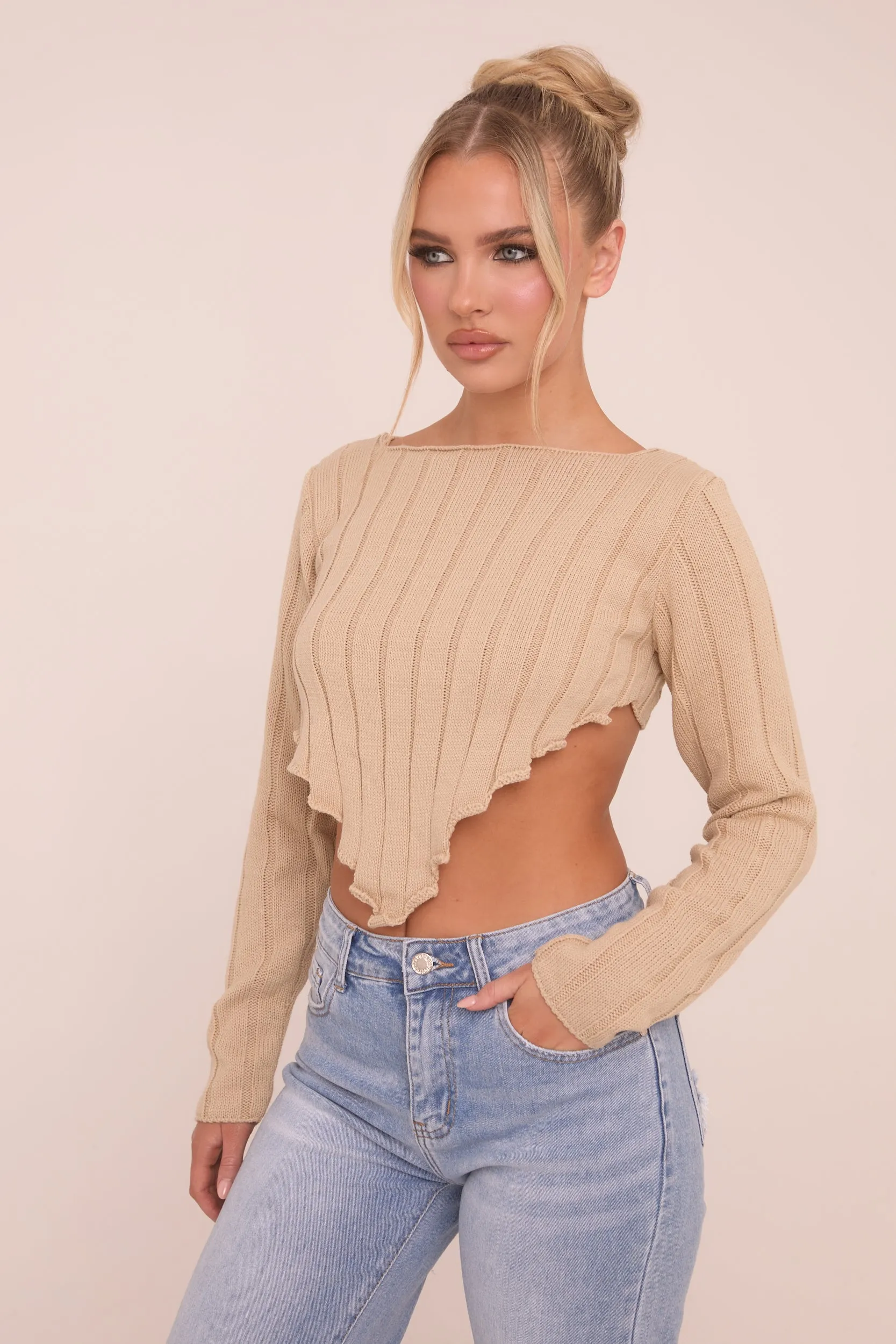 Beige Knit Asymmetric Hem Cropped Jumper - Prima