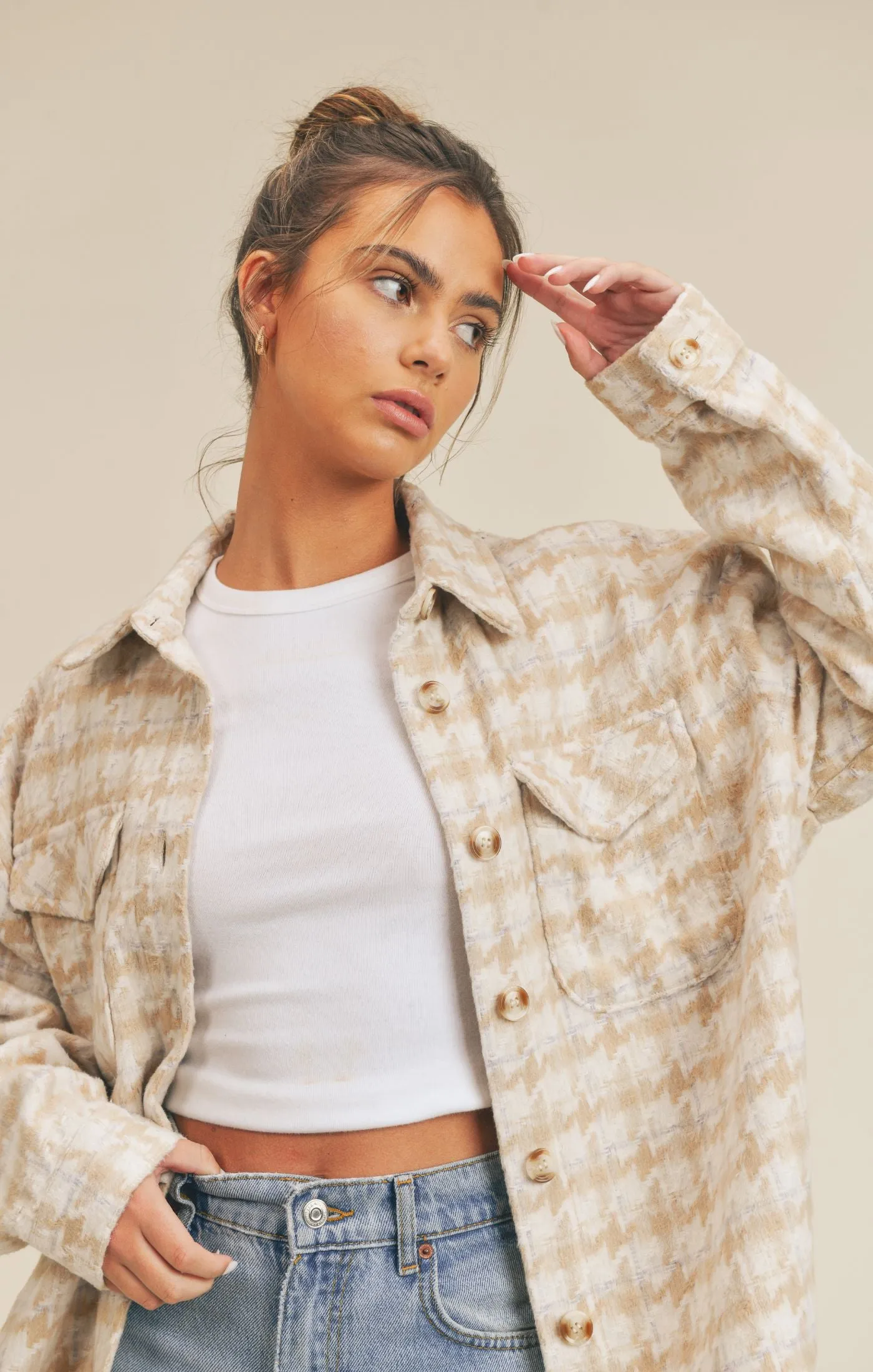 Beige Lesley Houndstooth Shacket