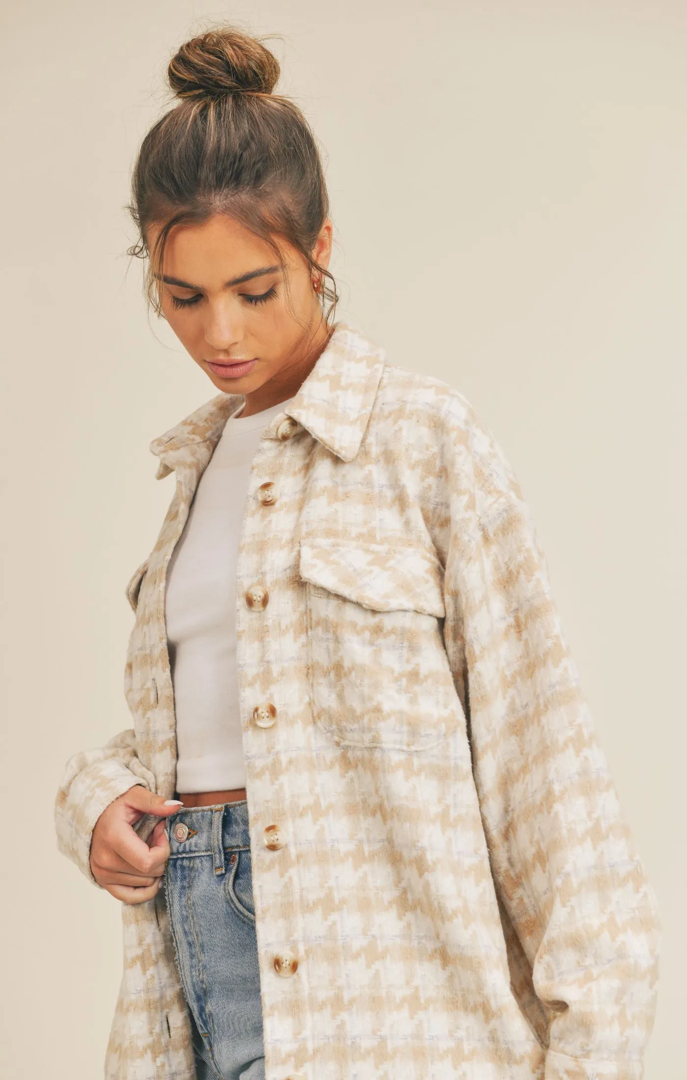 Beige Lesley Houndstooth Shacket