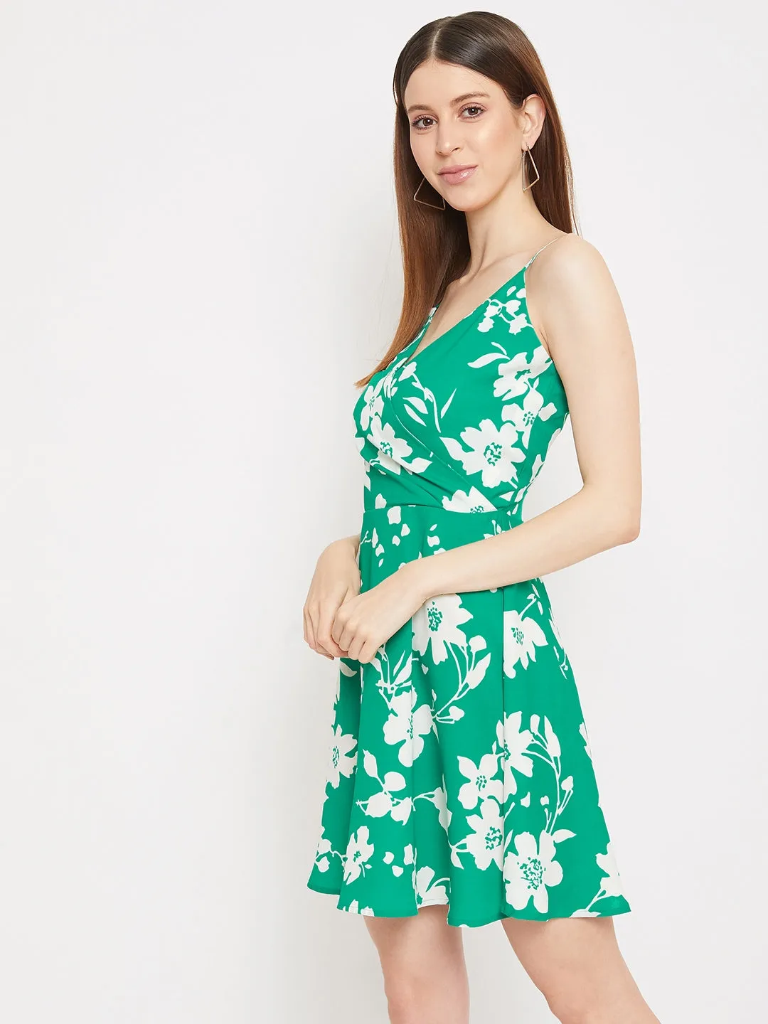 Berrylush Women Green Floral Printed V-Neck Wrap Mini Dress