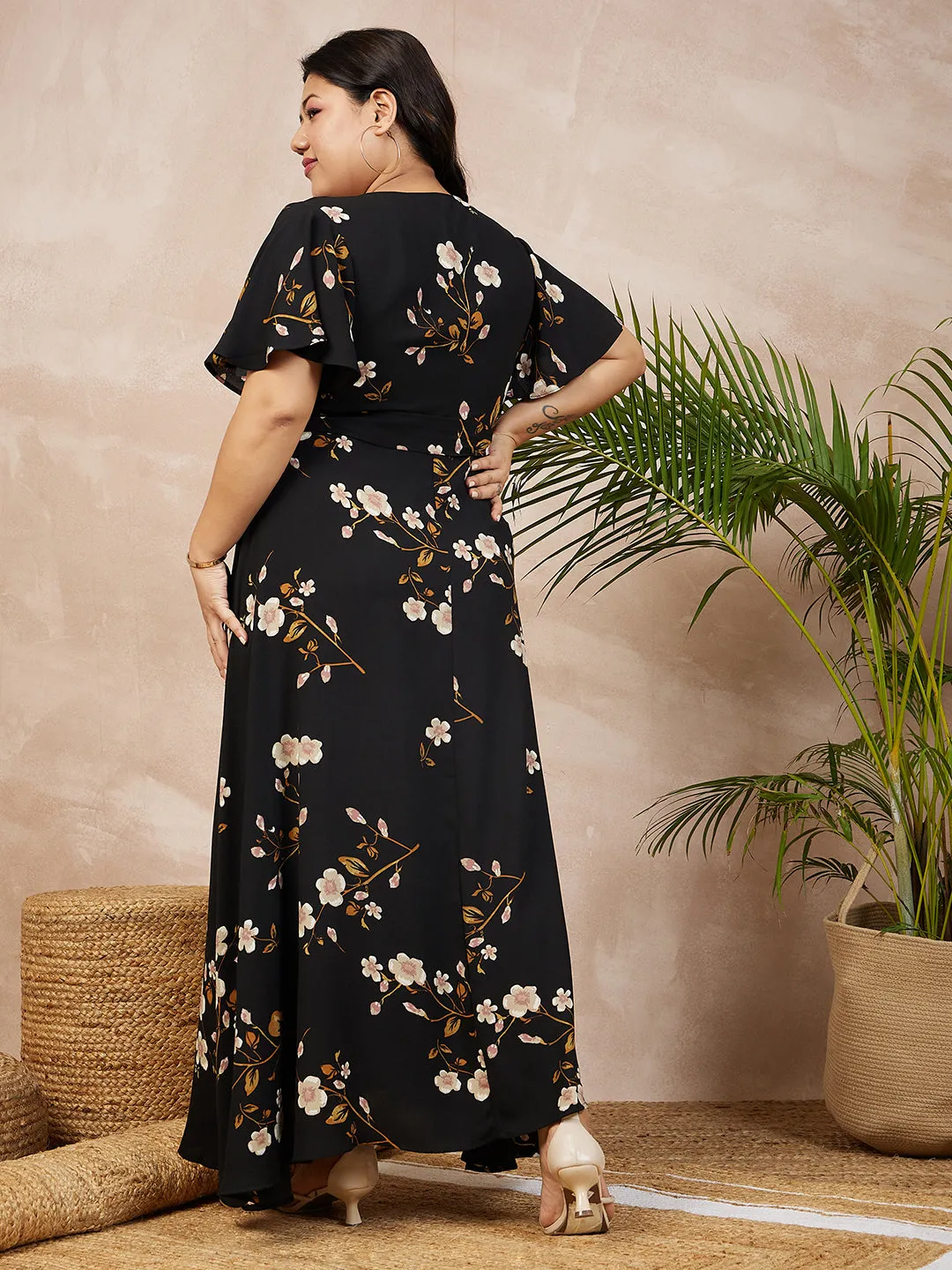 Berrylush Women Plus Size Black & White Floral Printed V-Neck Tie-Up Flutter Sleeve Thigh-High Slit Flared Wrap Maxi Dress