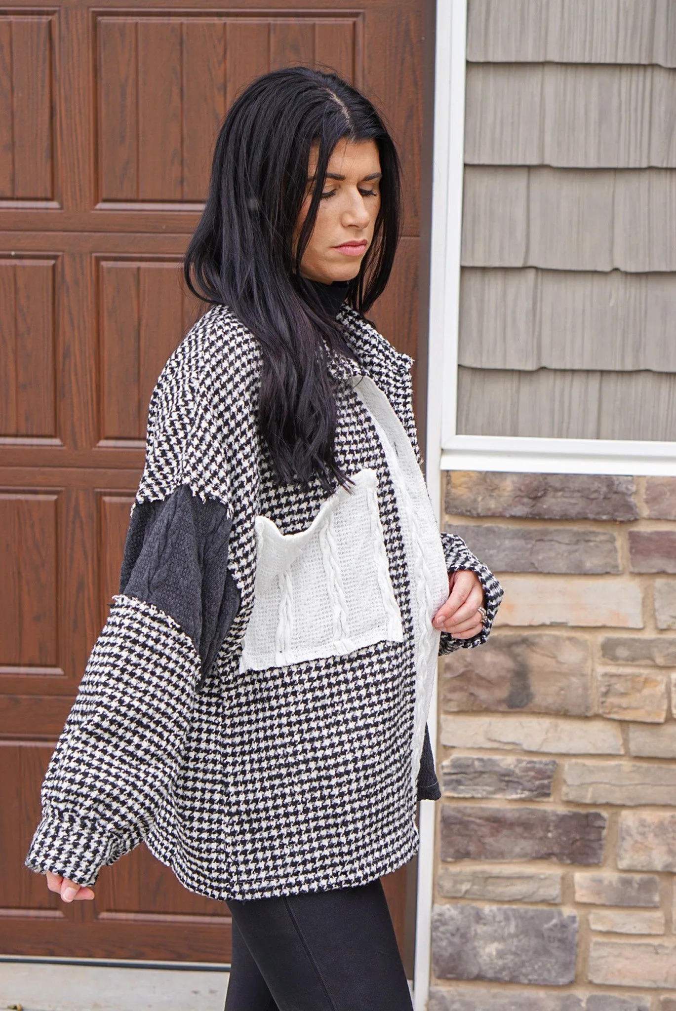 Black Houndstooth Colorblock Sweater Shacket