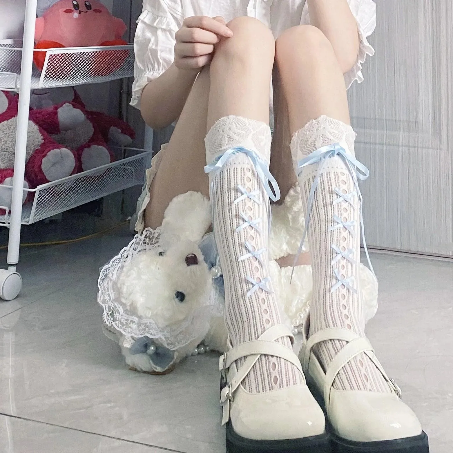 Blue Ribbon Lace Lolita Babydoll knee high socks for women