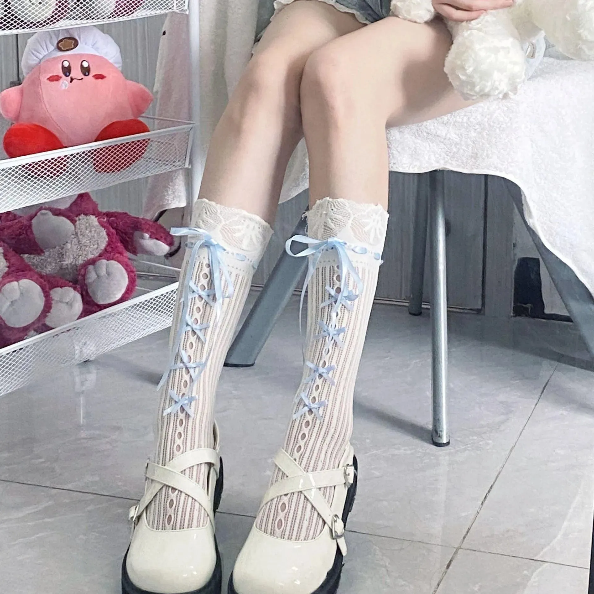 Blue Ribbon Lace Lolita Babydoll knee high socks for women