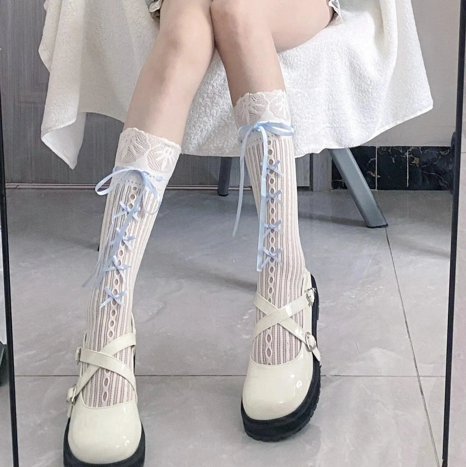 Blue Ribbon Lace Lolita Babydoll knee high socks for women