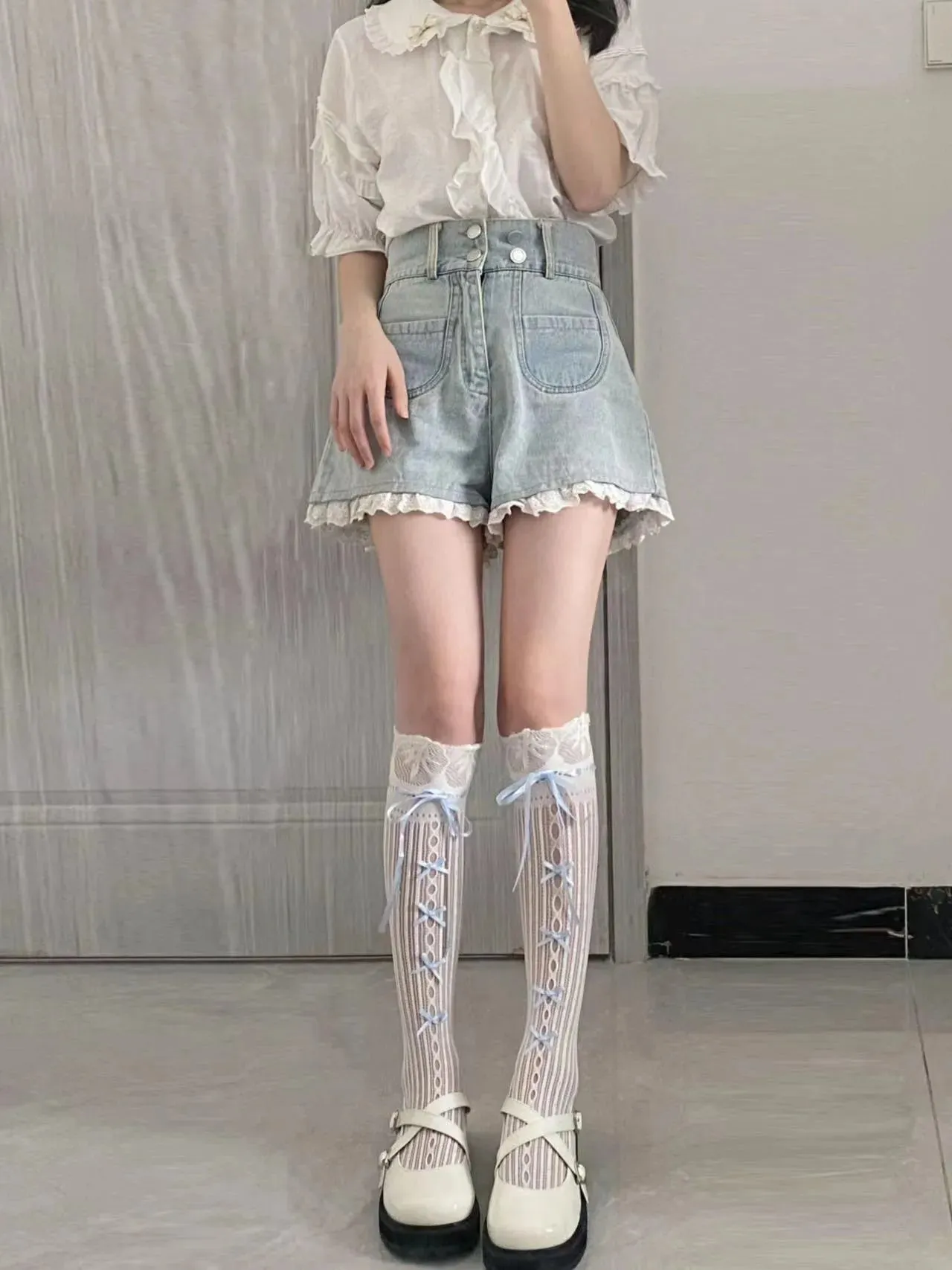 Blue Ribbon Lace Lolita Babydoll knee high socks for women