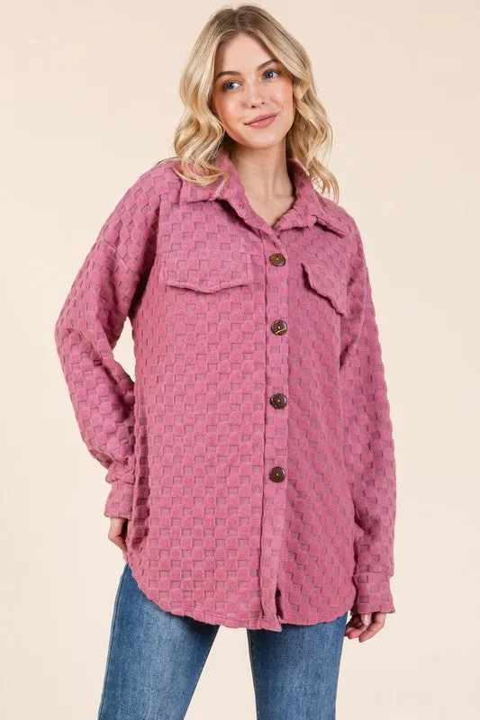 Checkered Button Down Dropped Shoulder Shacket