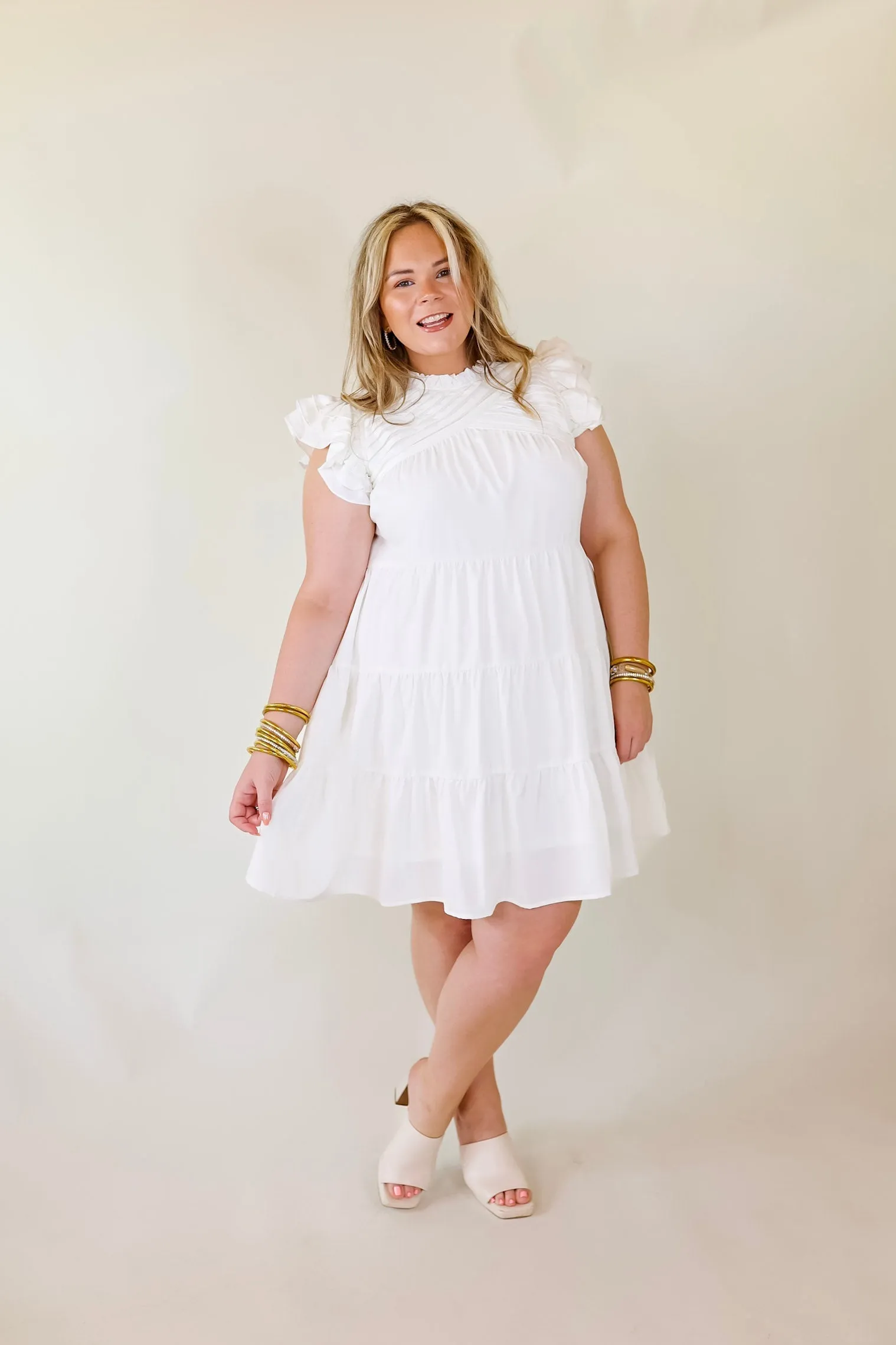 Chic On Scene Ruffle Tiered Dress with Pleated Detailing in White