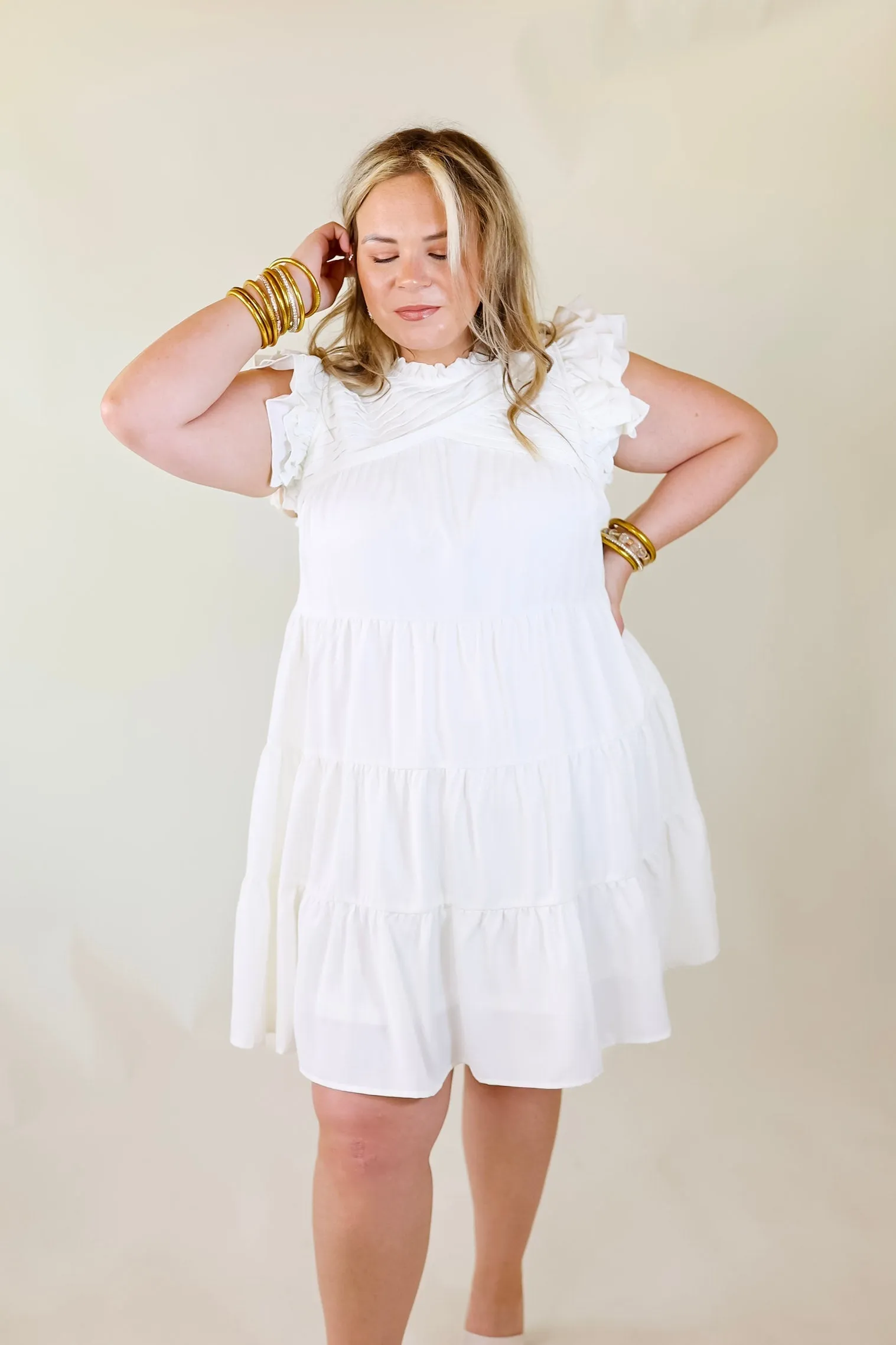 Chic On Scene Ruffle Tiered Dress with Pleated Detailing in White