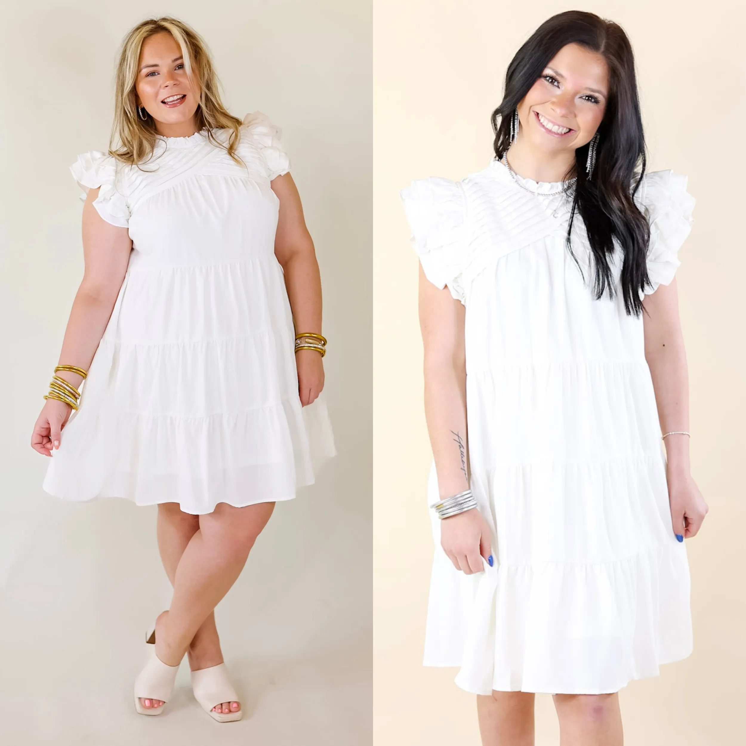 Chic On Scene Ruffle Tiered Dress with Pleated Detailing in White