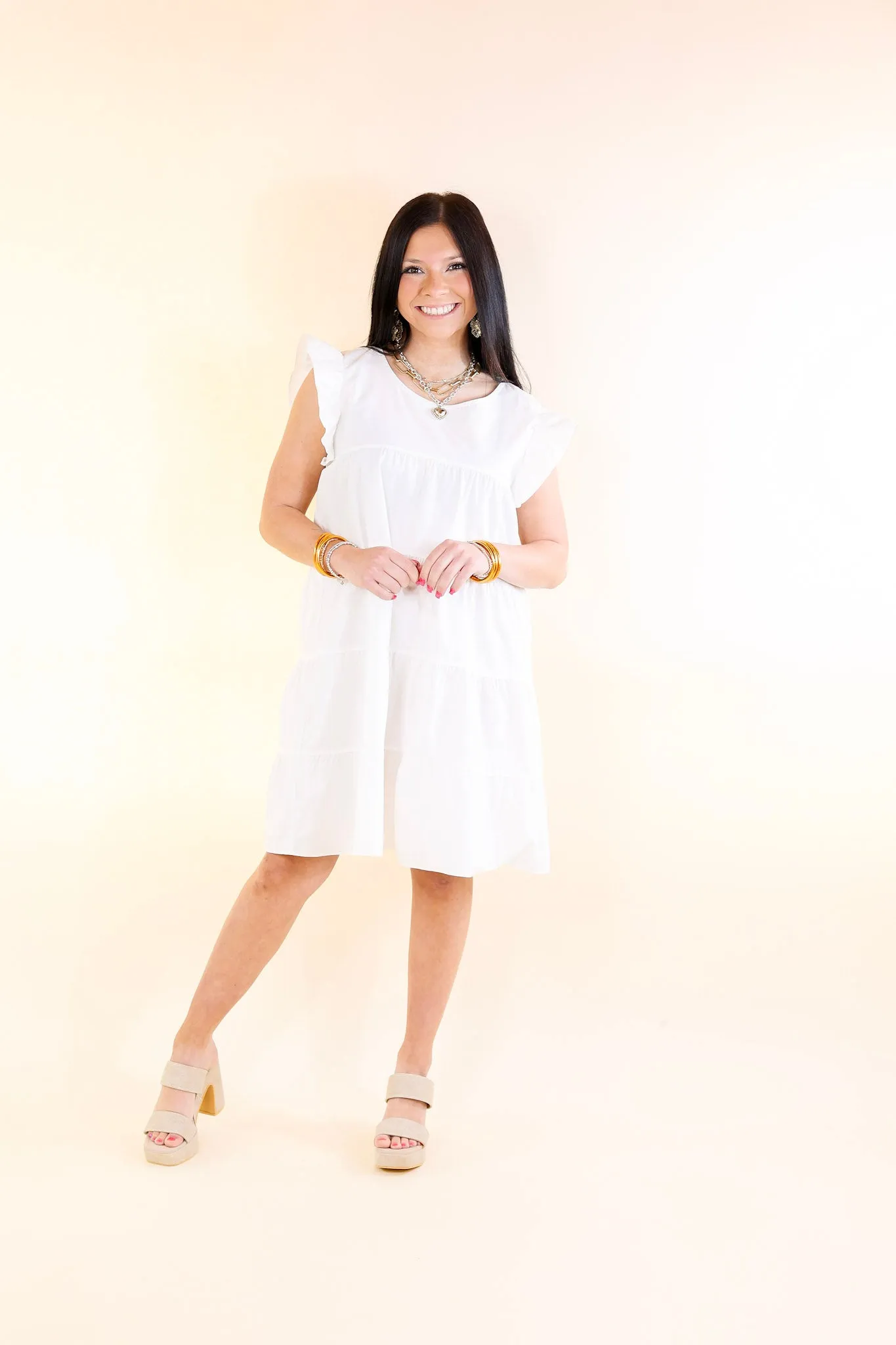 Choose Confidence Ruffle Cap Sleeve Tiered Dress in White