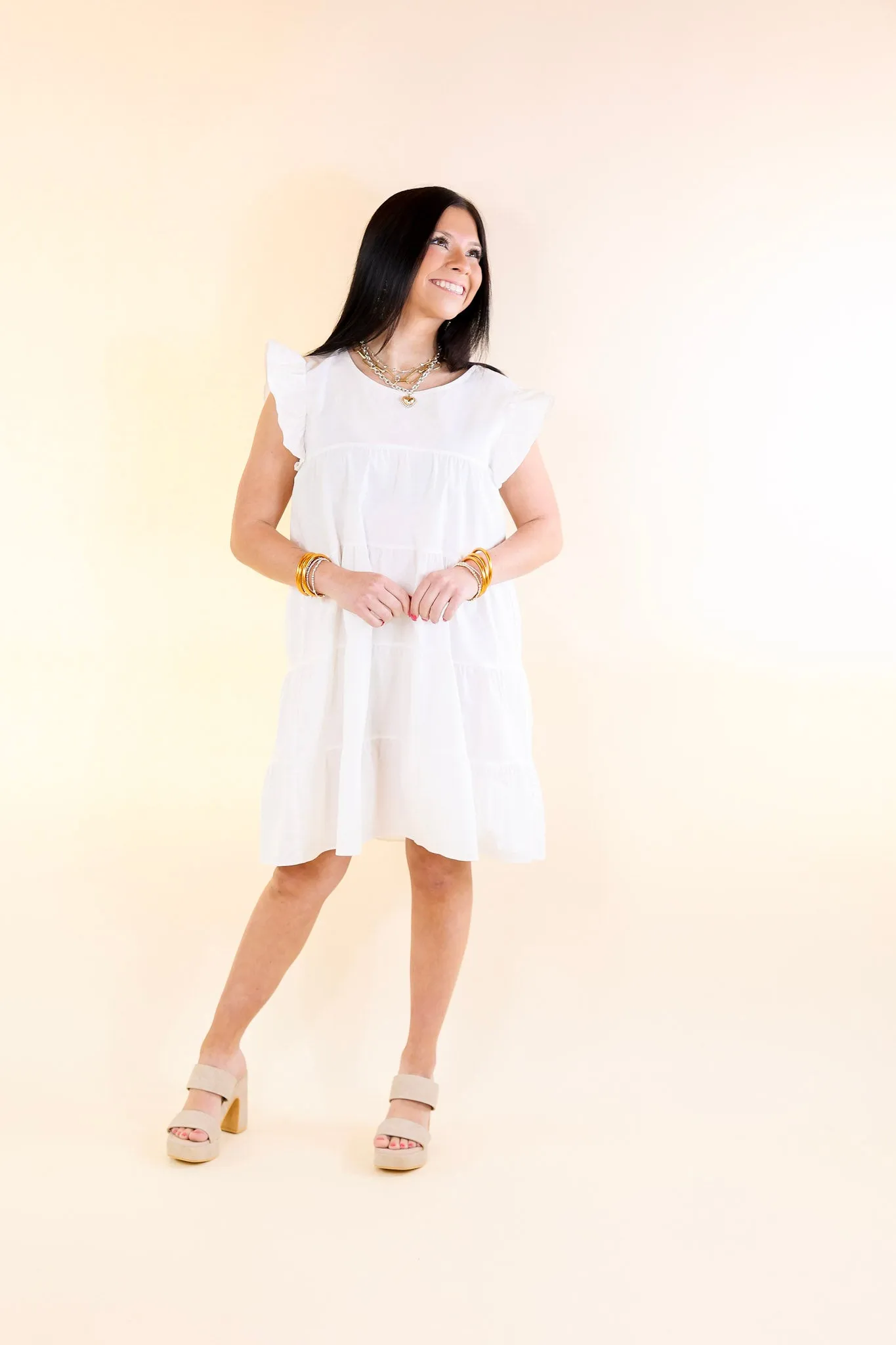 Choose Confidence Ruffle Cap Sleeve Tiered Dress in White