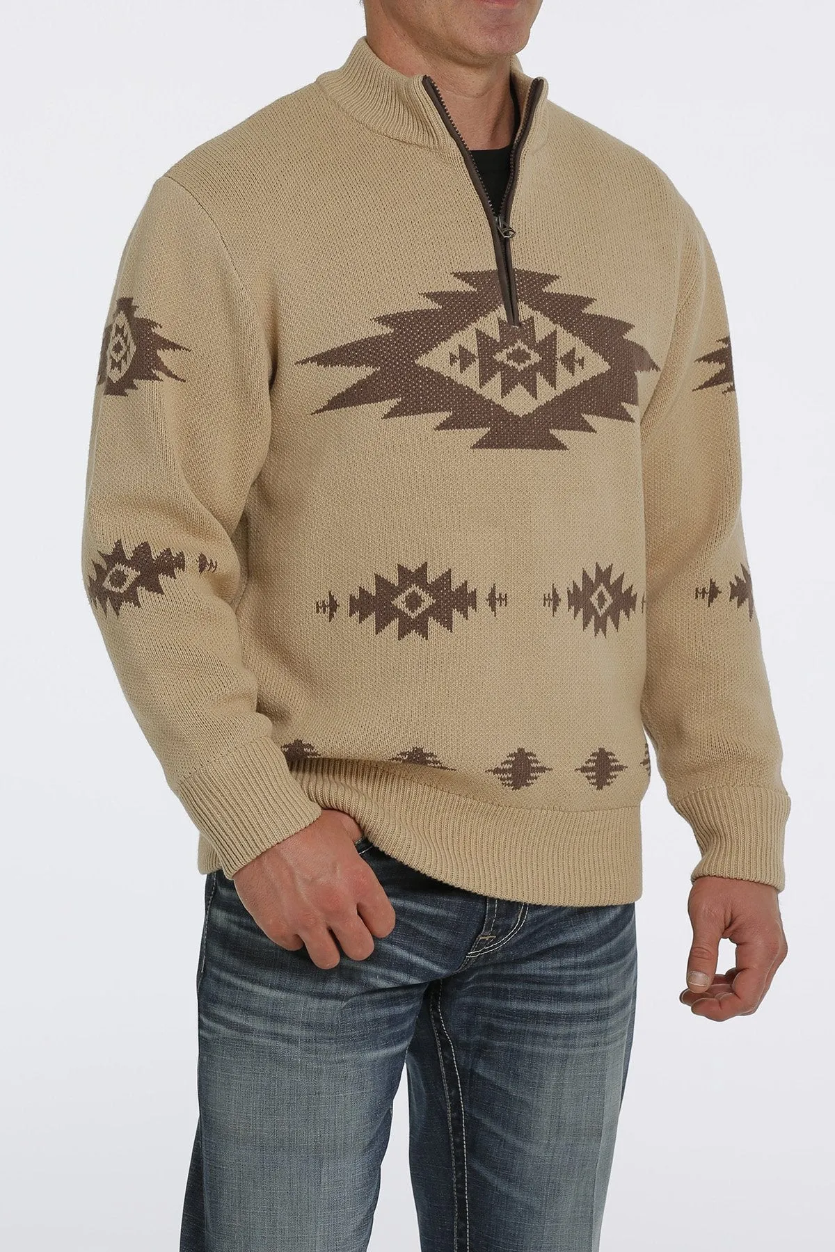 Cinch Men's Khaki 1/4 Zip Aztec Printed Pullover Sweater